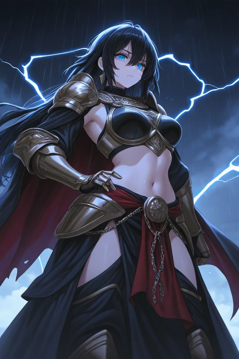 (1 mature fighter,Leather Armor,,Age 35), ((Pub,guild)),(smile),Dynamic pose,Dynamic Angle,belly button,Pose for a photo,From below,Elderly woman、Woman with Kaiser Knuckles、Trading Card Game Frames、Highest Rare、Black Hair、Long Hair、Five Fingers、Brass knuckles、Gauntlet、Black Cape、Signature mark