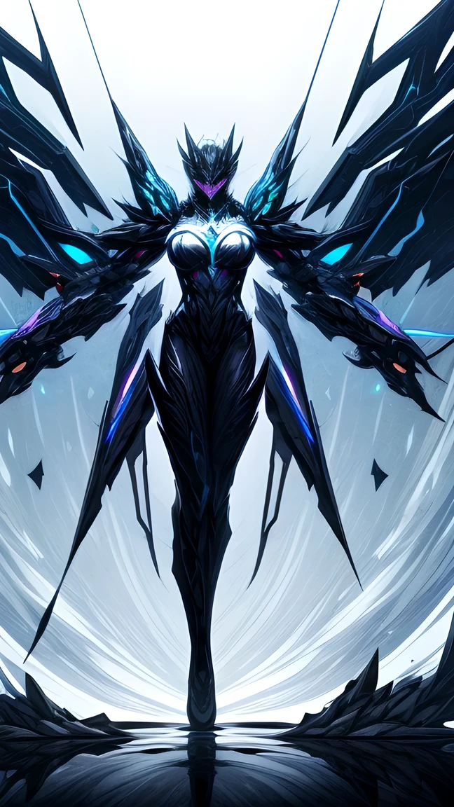 Full body shot, front facing, exquisite appearance, a complex storm of liquid smoke chaos, Black and white parts, Broken glass, particle explosion , Light, bioluminescent liquid particles, muscular, highly detailed, Future Tech Background, symmetrical arms , medium breasts ,medium
