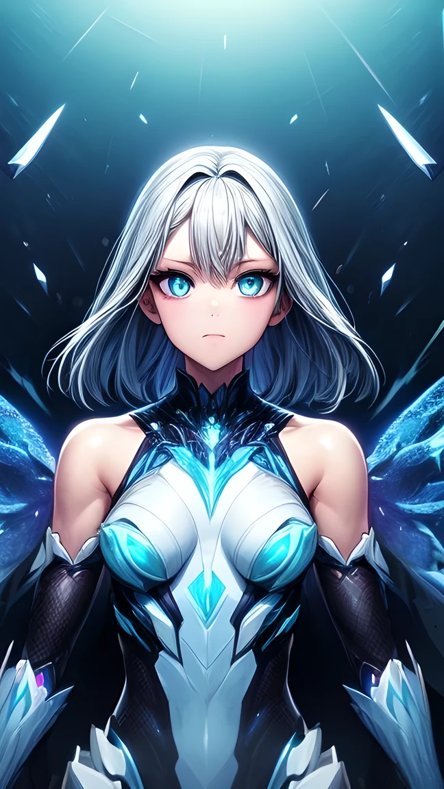 Upper body shooting, front facing, exquisite appearance, complex liquid smoke chaos storm, Black and blue parts, Broken glass, particle explosion , Light, bioluminescent liquid particles, muscular, highly detailed, Future Tech Background, symmetrical arms ,Small Breasts, Small Chest
