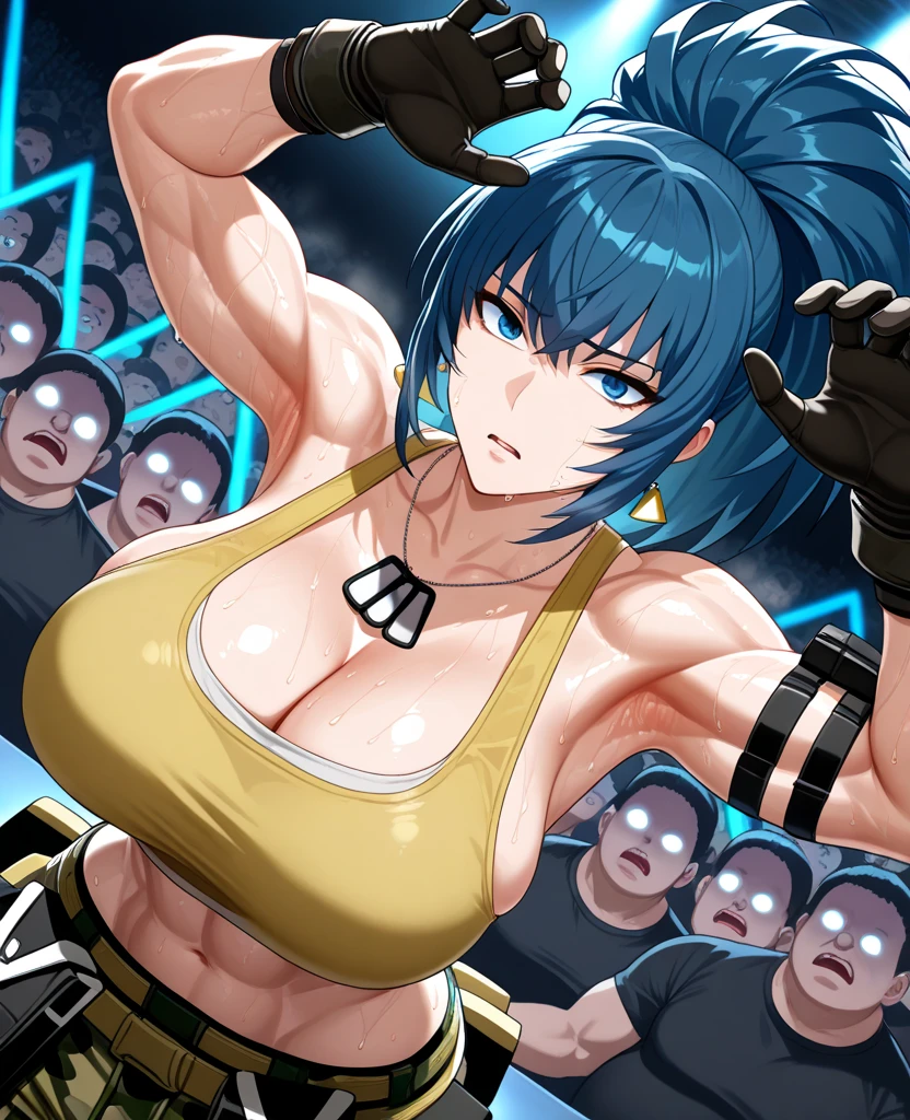 Blue Hair、Plump、Big Breasts、Jagged teeth、Double teeth、Ahoge、Thick eyebrows、Red eyes、Swimwear、short hair、Abdominal muscles、whole body