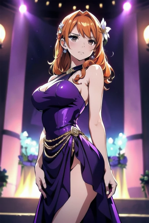 (Masterpiece), 1girl, high quality, best quality, extremely detailed eyes, extremely detailed body, blush, clean, cinematic lighting, cinematic bloom, highly detailed, Nami, one piece, orange hair, solo,  <lora:Nami v1:0.8>, long hair, breasts, large breasts, dress, cleavage, brown eyes, jewelry, closed mouth, 1girl, standing, collarbone, earrings, sleeveless, indoors, bracelet, no bra, sideboob, blue dress, purple dress, side slit, beads