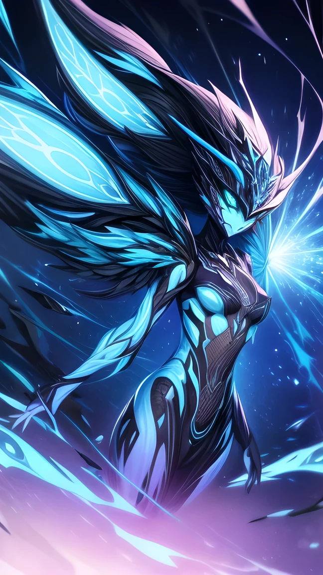 Upper body shooting, front facing, exquisite appearance, complex liquid smoke chaos storm, Black and blue parts, Broken glass, particle explosion , Light, bioluminescent liquid particles, muscular, highly detailed, Future Tech Background, symmetrical arms ,Small Breasts, Small Chest