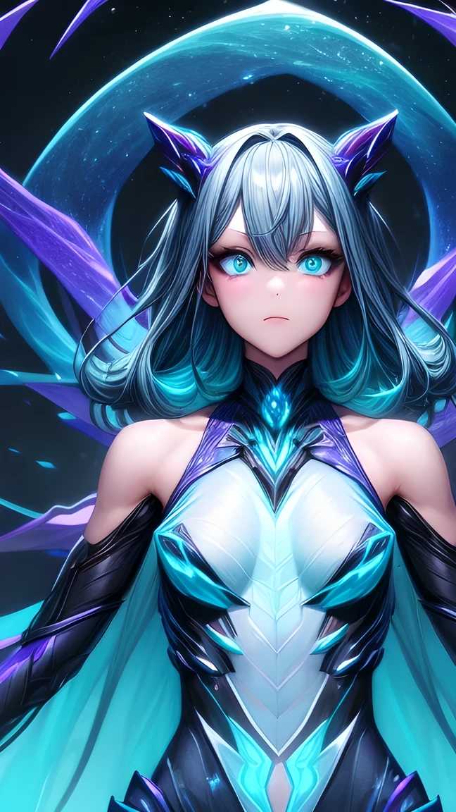 Upper body shooting, front facing, exquisite appearance, complex liquid smoke chaos storm, Black and blue parts, Broken glass, particle explosion , Light, bioluminescent liquid particles, muscular, highly detailed, Future Tech Background, symmetrical arms ,Small Breasts, Small Chest