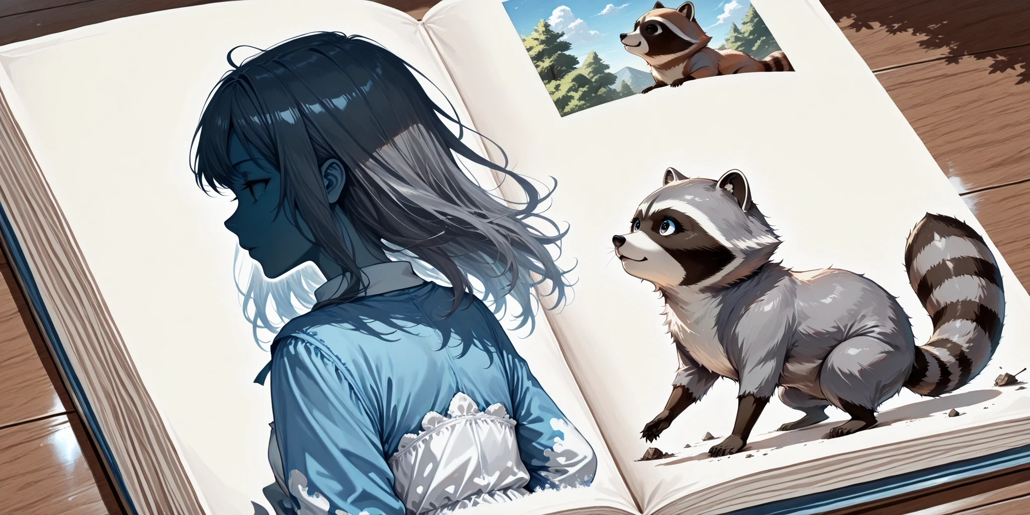 Break,(out-frame of a picture book:1.2),break,(watercolor, pastel, hand-drawn dream world, thick outlines),(1girl and 1animal ,1animal is the raccoon ,adventure in wonderland),(left side page is the raccoon,right side page is the girl),wrnchexpwhimsicalvisions, silhouette,