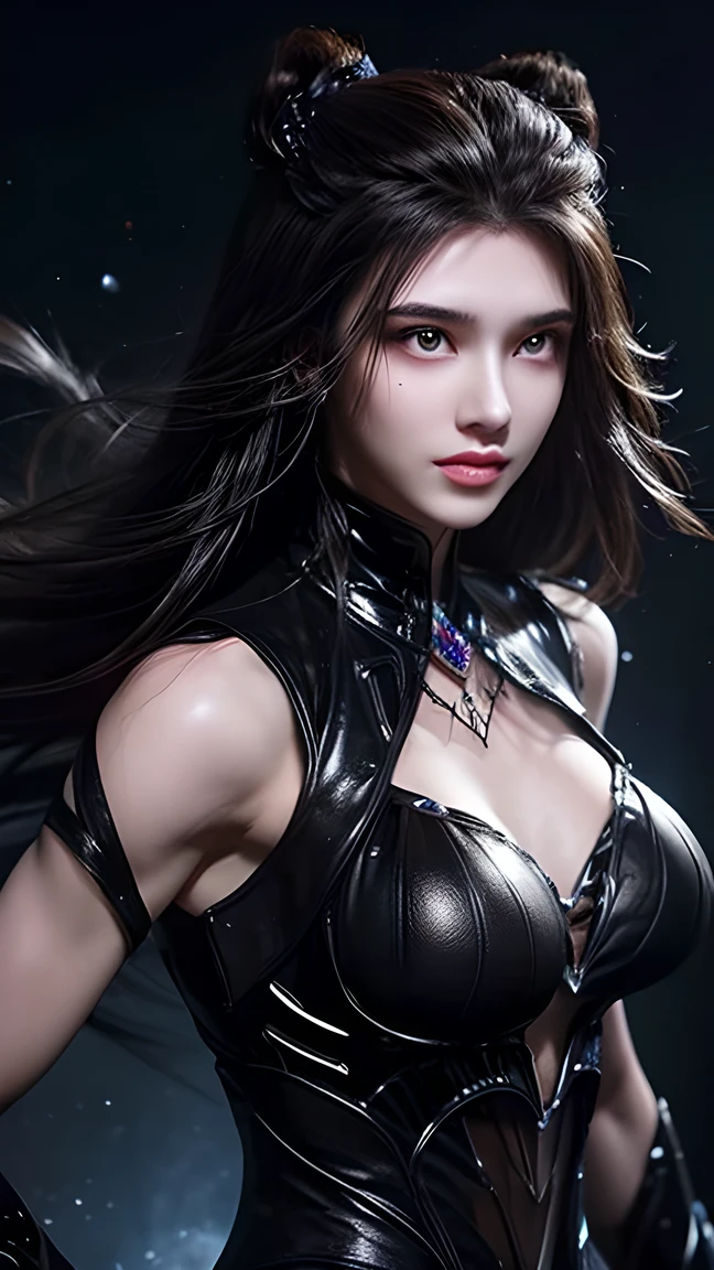 a digital painting of a beautiful attractive woman covered in spiral of splashing liquid black dress suit, a hyperrealistic painting, figurative art, in black paint, black liquid, character is covered in liquid, fantasy art ,elegance pose, beautiful breasts, medium long shot, lighting clear and soft effect , white background