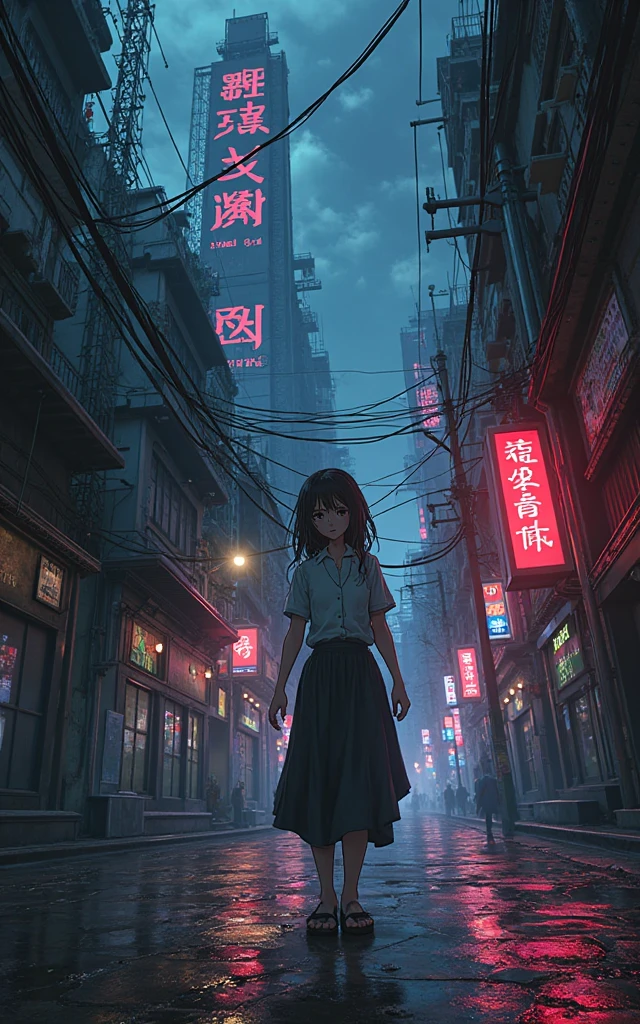 Weeping woman wandering through alleyways of black sky, With towers that bleed neon. anime, cyberpunk.