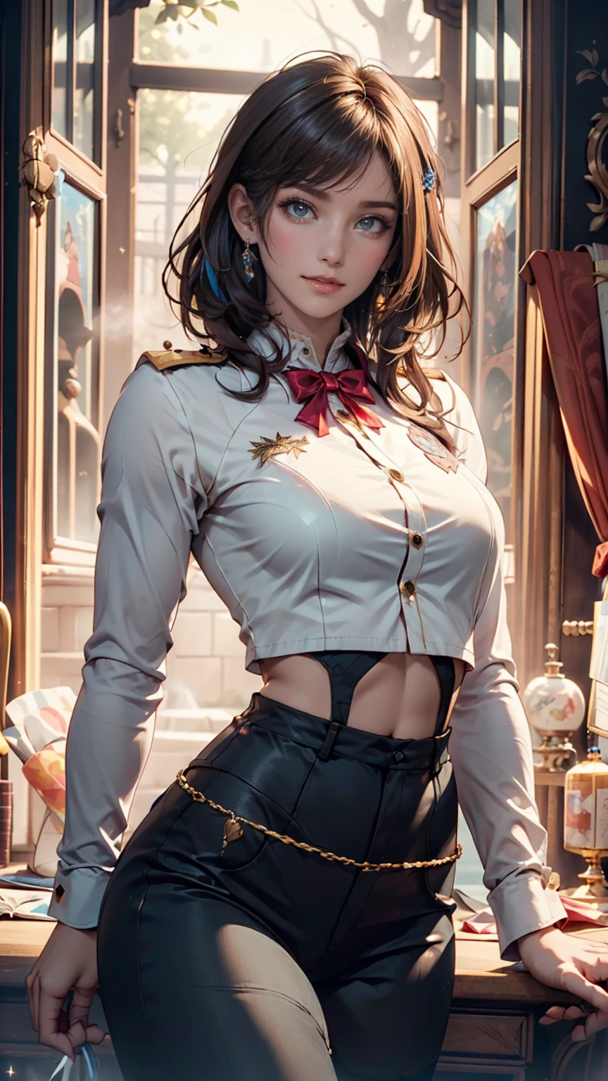 Close-up of a woman wearing a corset and a group of people, edwards poster art, gold and copper armor, Mecha, seventies, Face like ester exposed, 1 9 7 0 s women are alive, Keyframe, Doll Punk, There is a gold belt around the chest, Barbarella, Metal, Mechaanical, Mechaanical superstructure