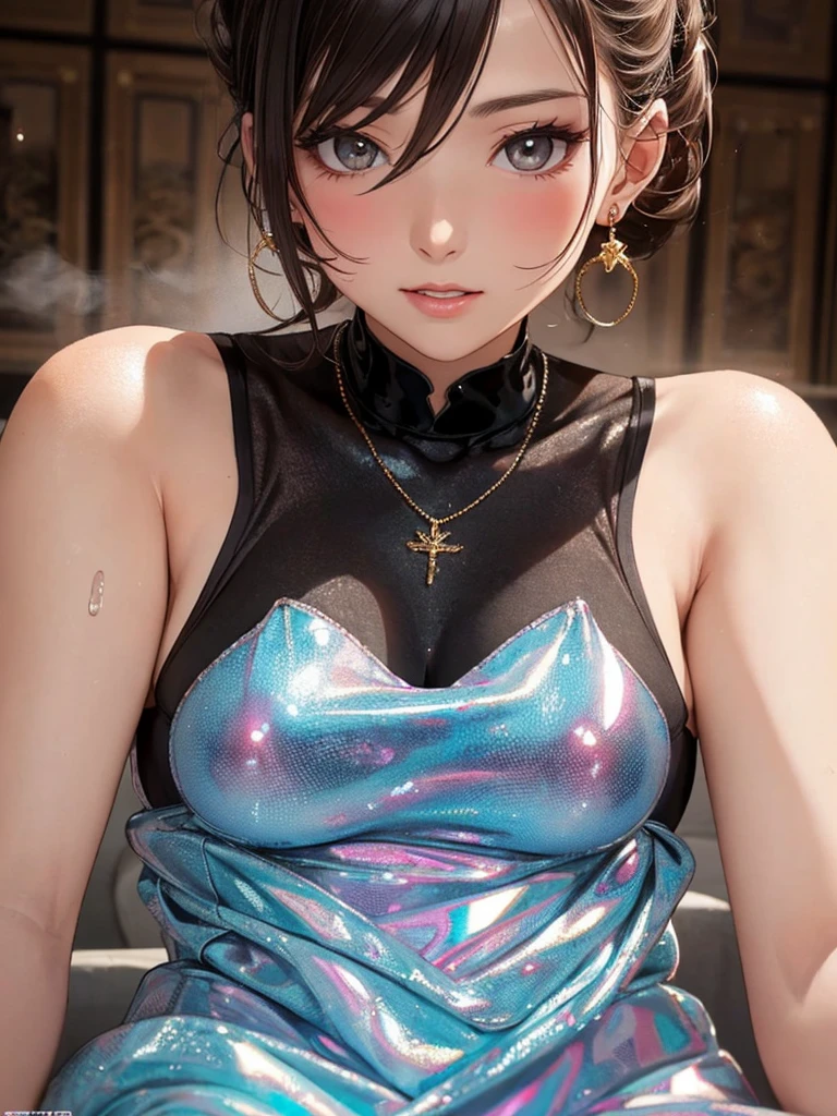 female idol、lipgloss、smiling face、smoky eyshadow、dramatic lashes、radiant skin、contoured cheekbones、full body Esbian、shiny very large earrings(neon fuchsia)、shiny very large necklace(neon fuchsia)、(shiny glossy latex tight bra(neon fuchsia))、(shiny glossy latex tight hot pant(neon fuchsia))、clutch(neon fuchsia)、((multicolor short hair(neon fuchsia)))、long white fluffy fur coat with white fluffy fur(bright white)、conceptual art, High quality, Realistic, extremely detailed CG unified 8k wallpaper, highly detailed, High-definition raw color photos, professional photography, Realistic portrait, Cinematic Light, Beautiful detailed, Super Detail, high details, (((Bokeh))), depth of fields, illumination, Neon Street, Super stylish lighting