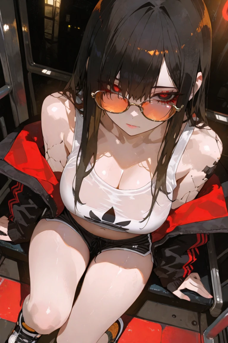 Best image quality, 8K, high quality, masterpiece:1.2), ((masterpiece)), (High detail, high quality, Best image quality), Bokeh, Depth of written boundary, Portraiture, Open Stance, (Cute illustrations:1.2), Public toilets, Browsing Caution, chest, Upper Body, Black Hair, Twin tails, black bikini, Swimwear, Knee socks、coat, medium chest, bikini, black coat, chestの谷間, View your viewers, Open clothes, open coat, bangs, Mouth closed, Long Hair, belly button, Yellow Eyes, Hair between the eyes, bikini top only, Frowning、Put your arms behind your head, Underarm, Wrists tied with chains , (Sit on a chair with your legs spread wide and tied up), Spread your legs, (Embarrassing, Crying badly:1.2),  (Dog collar with chain), (Chains are attached to the legs of the chair), Dirty body, (Huge amounts of sticky white sperm all over face and body:1.25), (Pee:1.2), Shooting from below