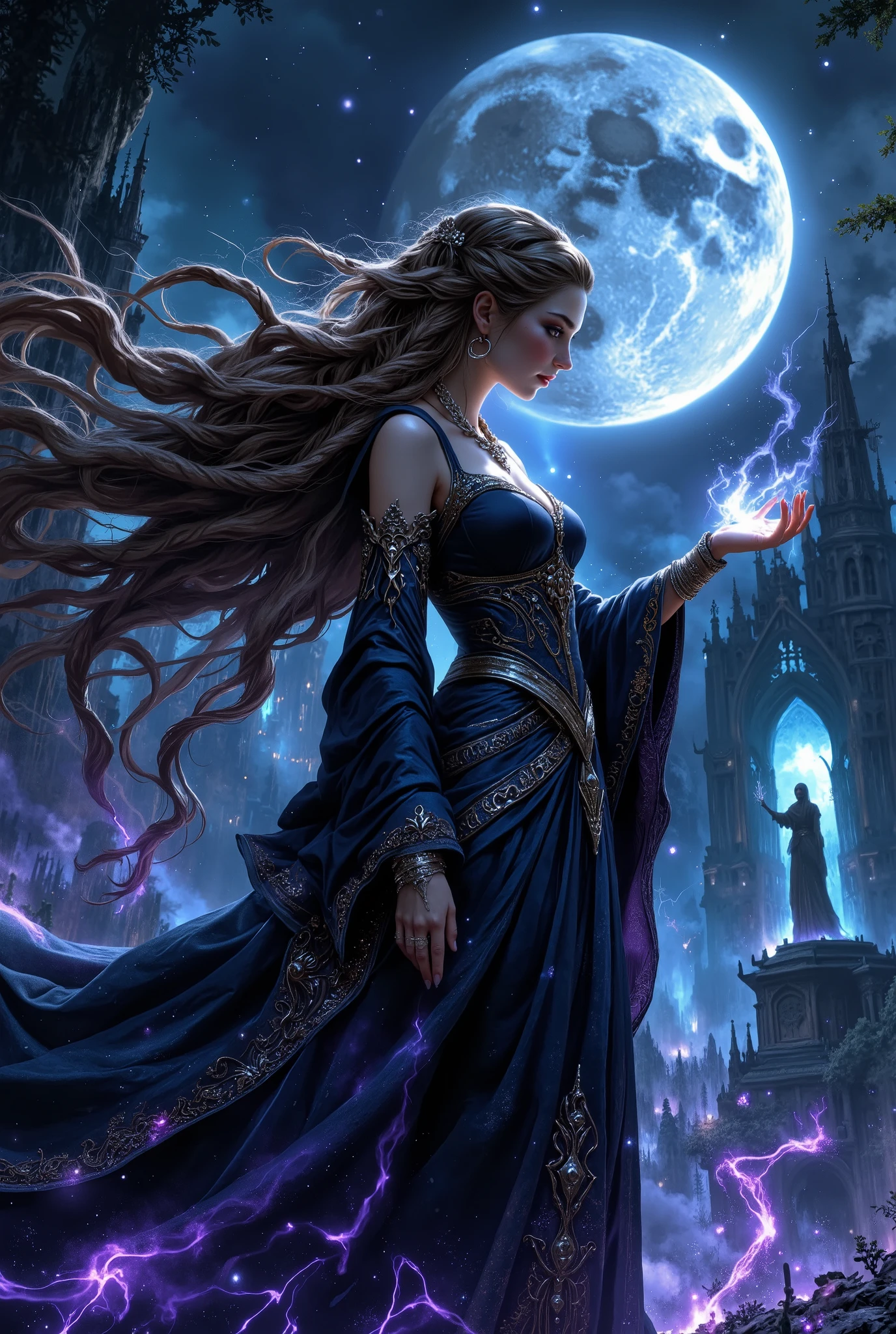 Mysterious witch girl, shrouded in secret magic, faces with long ones, brown hair , braided in an intricate braid, decorated with silver hoops. she is in her 20s , face with subtle features, with pale skin and expressive brown eyes, , full of incomprehensible wisdom and hidden power. she is wearing a long , a flowing dark blue dress, embroidered with silver threads, dress with a deep neckline, in the air, emphasizing the curves of her figure. } Dress made of the finest velvet, softly falling in pleats. Her posture is half a turn, right hand raised, as if it controls the invisible energy, The left hand is lowered along the body. She stands abandoned, in an ivy garden, under the sparkling light of the full moon. The moon lights up her face, creating a mysterious the atmosphere. There is a light fog, adding mystical charm. The color scheme is dark blue, purple and silver tones, accentuated by moonlight. Style — dark fantasy, Color palette — cool tones. Camera with a low shooting point, wide-angle lens, emphasizing the majesty of the girl's figure. high detail, The realistic texture of fabric and plants, ray tracing, oil paint style, masterpiece, 8 k, Fantasy, deep, impressively, great ,