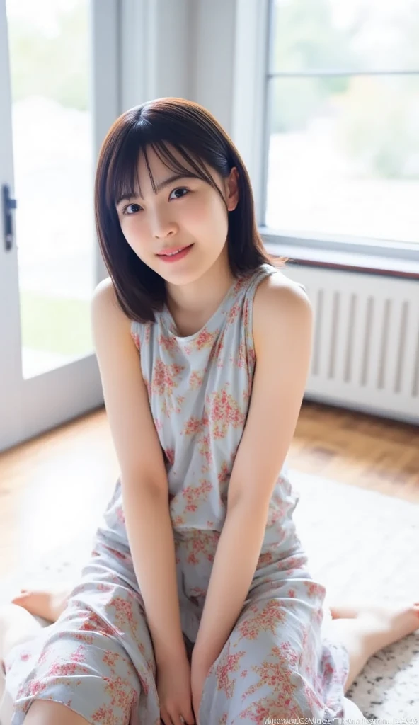 (highest quality, High resolution, correct, masterpiece, 8k:1.5), (Photorealistic:1.3), RAW Photos, woman１people, 20-year-old, (whole body), (All fours pose:1.2), (ＴShirt dress), Brown wavy hair, bangs, Naughty face, Detailed face, Droopy eyes, Thighs, Sharp contours, On the bed, Idol Photos, night, Professional Lighting,  Wide-range photography, 