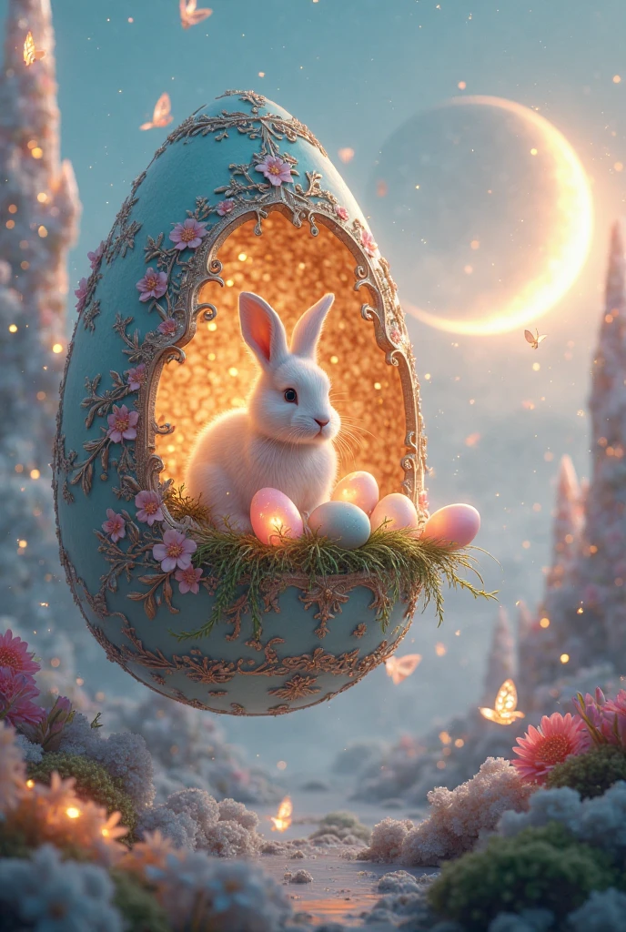 A large, ornate Easter egg, standing several meters tall, floats above a mystical landscape made of iridescent crystals and flowing pastel light. The egg is intricately decorated with shimmering gold filigree, intricate patterns, and delicate flowers that seem to glow with an inner light. Inside the egg, a serene  with glowing fur sits on a bed of soft moss, surrounded by floating, luminous Easter eggs that gently rotate around it. The background features towering crystalline structures that seem to pulse with life, and ethereal light cascades through a mist of pastel-colored fog. The scene is illuminated by a radiant crescent moon in the distance, casting a soft glow over the entire magical landscape, while small, shimmering butterflies made of light flit across the air. The atmosphere is otherworldly, with a delicate balance between dreamlike fantasy and detailed realism