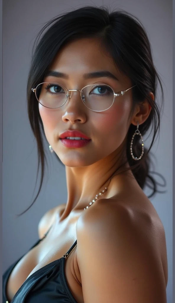 ((Beautiful)+nerd:0.8+cute:0.9) asian_woman, 20_years_woman, young_facial_feautures, (short_head:1.5 round_face:1.5), long_hair straight_hair (black_hair:1), symmetric_eyes:1 monolid_eyes:1 large_eyes:1.2 short_eyes:1.2 eye_wings:0.8 brown_eyes:1.5 mahogany_brown_eyes:1, double_eyelid:0.8, small_eyebrows:1.5 rounded_eyebrows:1.3, (tanned_skin:1.3), european_nose:1 delicate_nose:1.2, young_gorgeous_woman, feminine_cheeks large_cheeks:1.3 round_cheeks:1.2 cheek_dimples:0.9, small_lips:1.4 pink_lips:0.9, most_beautiful_woman (1Woman:1.5, (Masterpiece, 8K, best quality, highres:1.5), (three_quarter_shot:1.5, looking_at_viewer:1.5, body_looking_at_viewer:1.5), white_photoshoot:1, white_room:1, white_backdrop:1.5, standing, neutral_body_posture:1.5, (neutral_facial_expression:1.5, closed_lips:1), wearing white_strapless_mini_dress), slender_body:1, short_body:1, (big breasts:1.3), sexy glasses