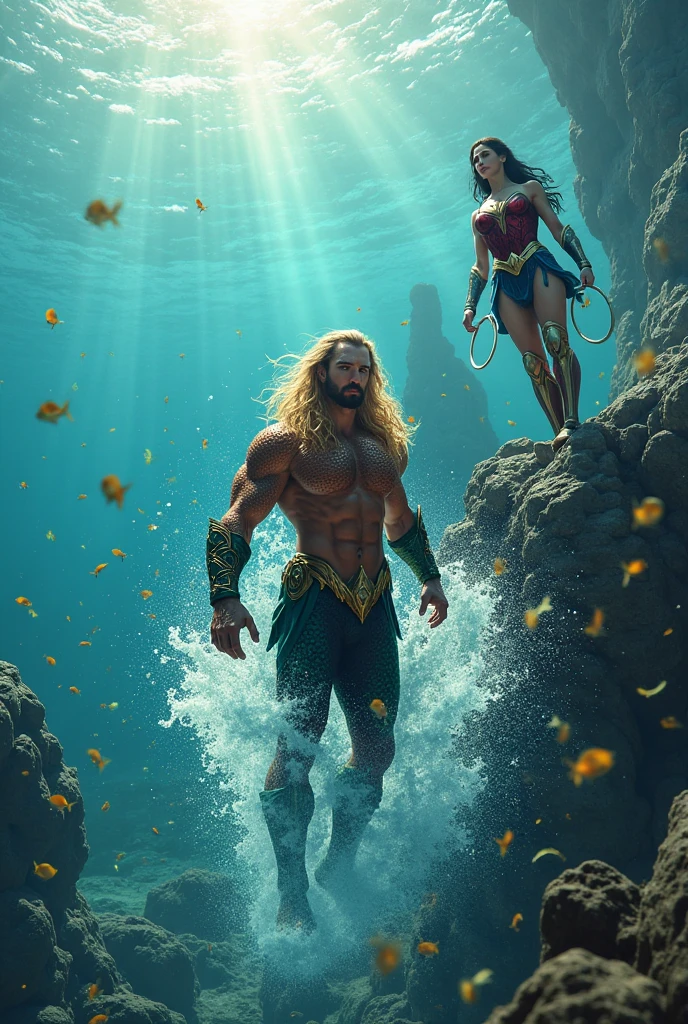 Infinity A shirtless body builder king with hair on his shoulder standing on a rock inside a jungle, on the bank of lake, with his sword in the air, in back ground 3 slave blonde white tall half naked girls with big breasts, and big booties coming out from their long sleeveless shirts standing obediently around the king, looking at him, thunder touches the sword while lightening.all facing towards front,