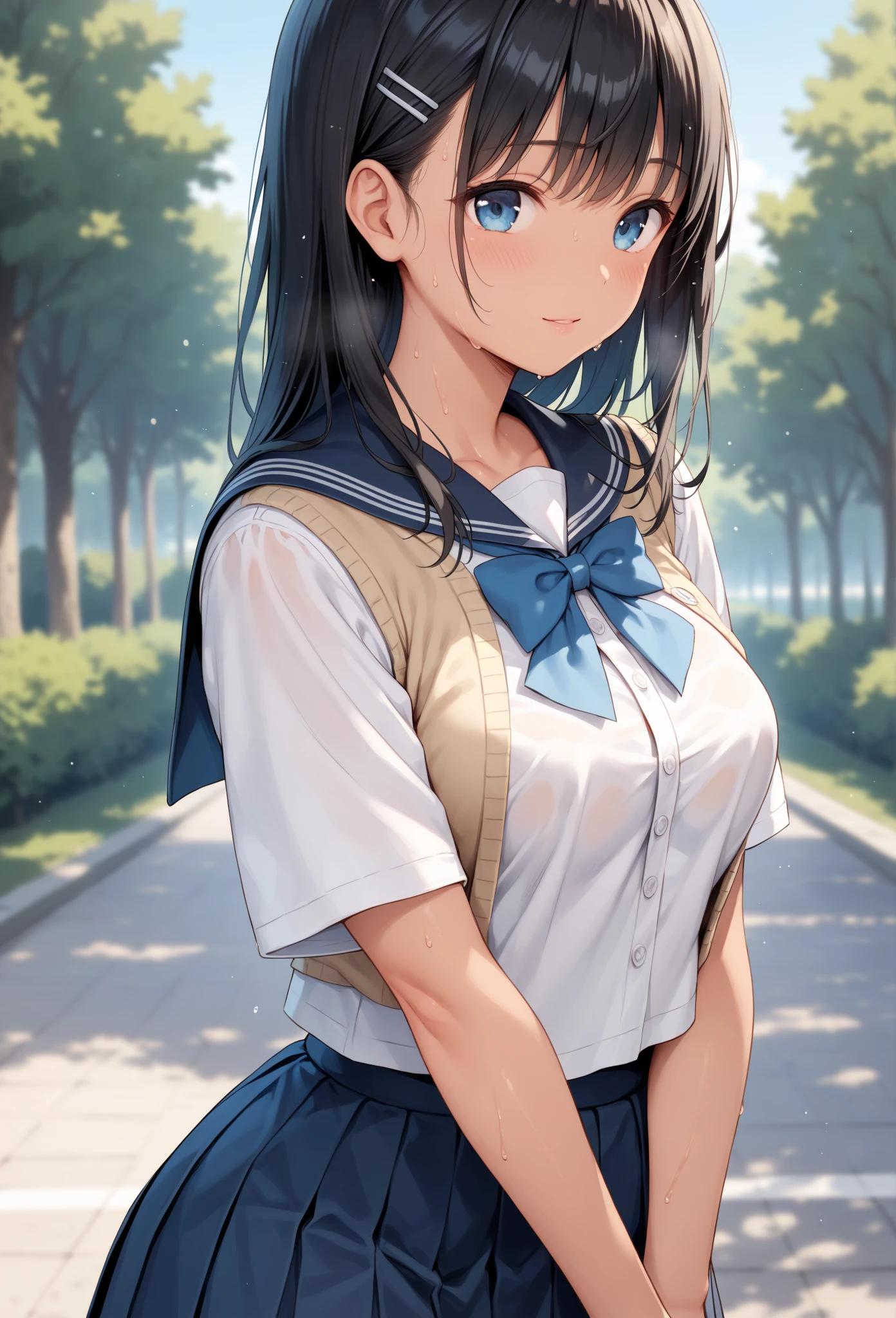 4k, high quality, god rays, beautiful, good lighting, sexy, big breasts, thick thighs, skirt, black skirt, school girl uniform, sailor uniform, school girl, anime school girl, rain, wet shirt, white shirt wet, wet shirt being see through, soaked and see through white shirt, black hair, dark eyes, see through shirt showing nipples, areolas, long skirt