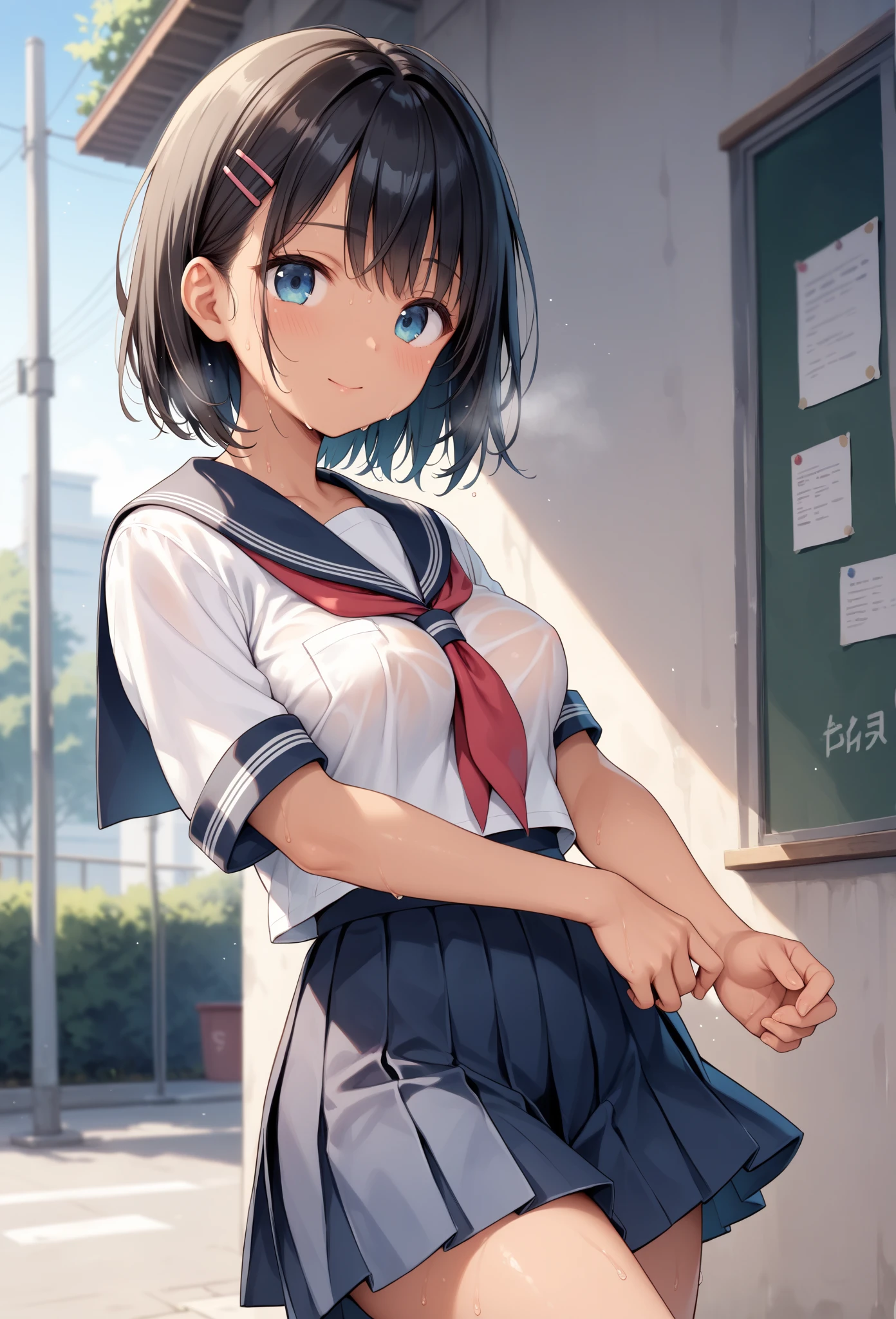 Lewd, schoolgirl, tanned skin, tanlines, aggressive