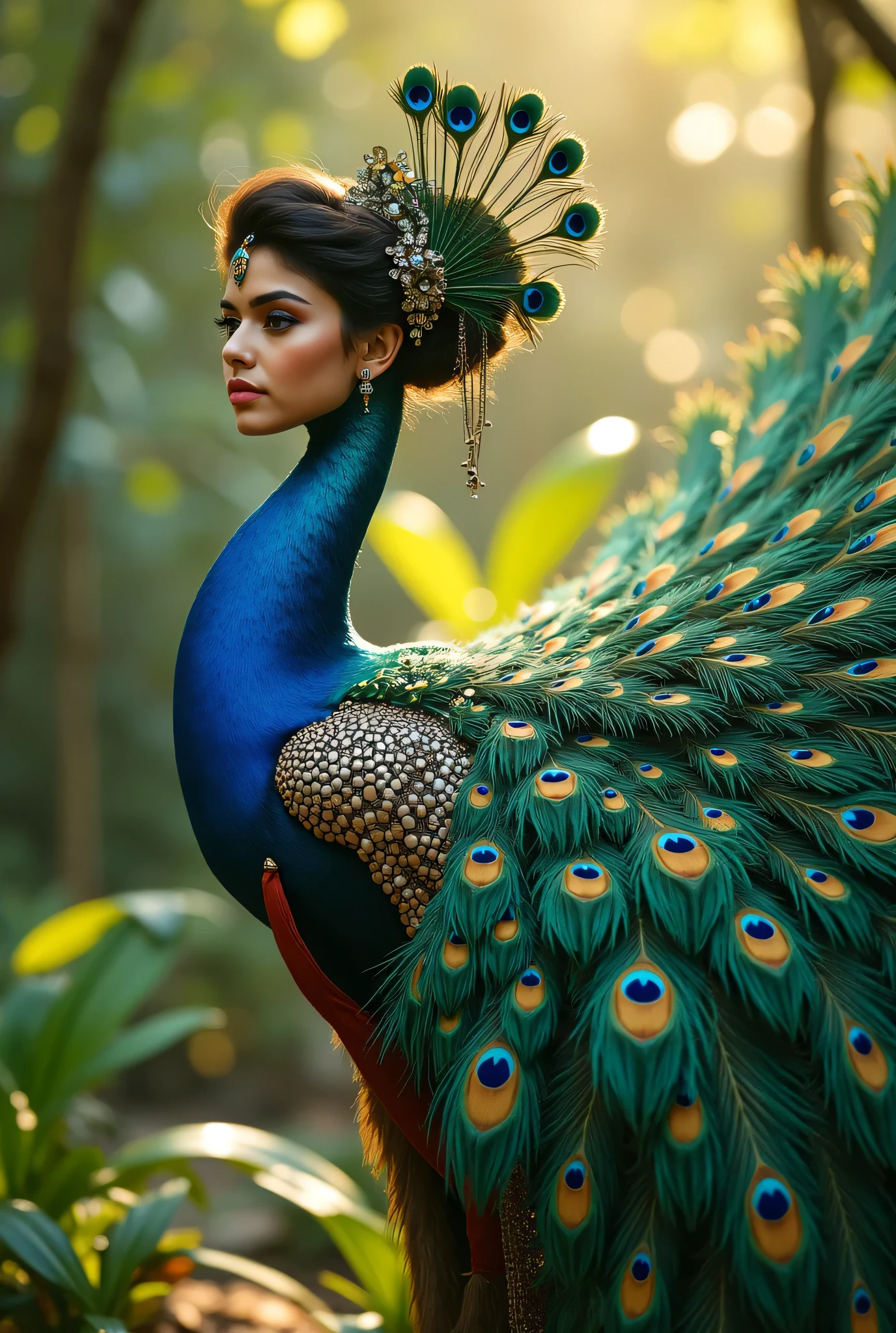 Hansika Motwani - a peafowl bird with woman head, she is a peafowl but head of woman instead of peafowl and other body is of peafowl