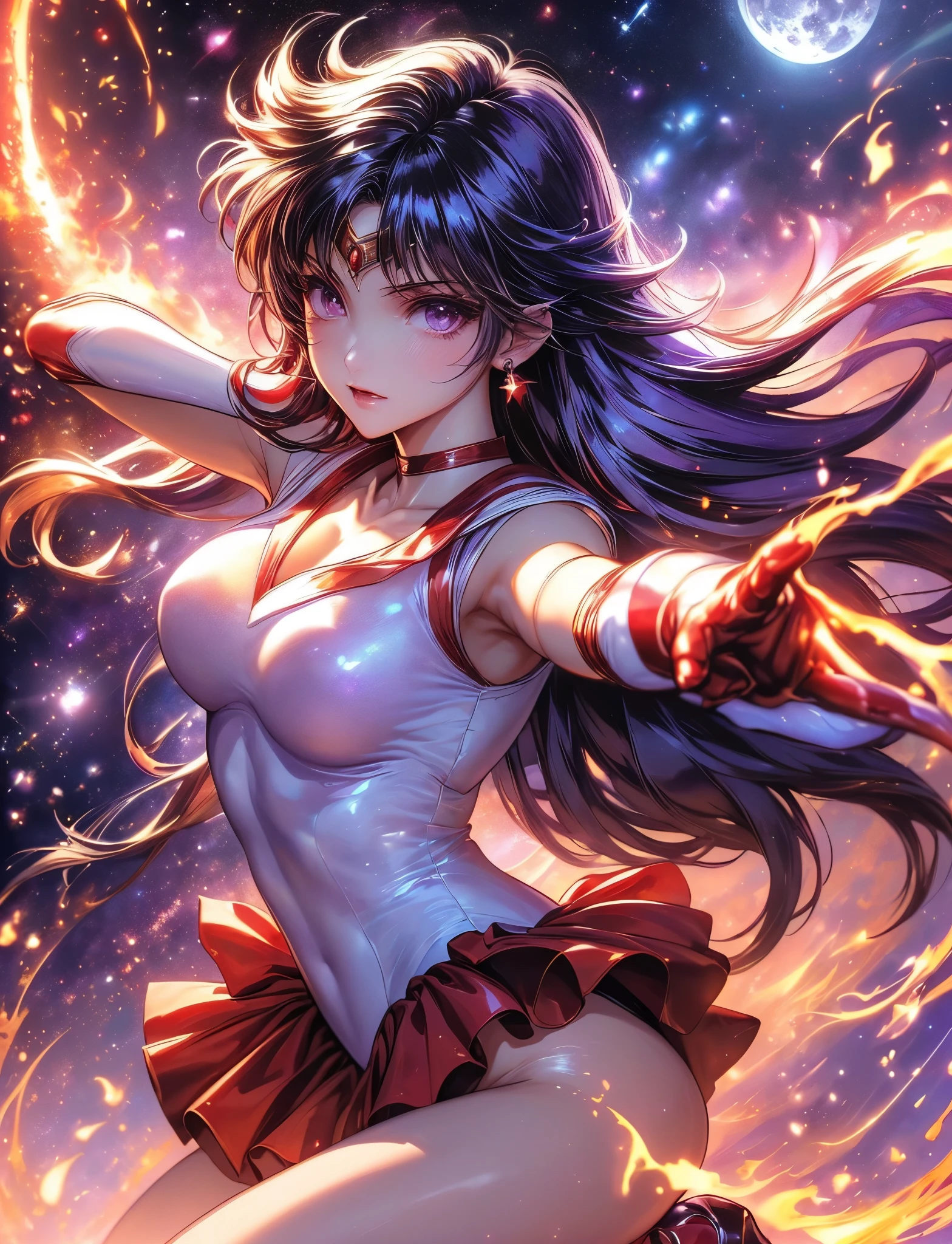 (alone:1 . 6 )(((SFW、Highest quality、 A first-class masterpiece 、 normal human body 、8k、 detailed face 、very accurate in the form of a plate、 real color 、5See also、Highest)))、Sailor Mars、Sailor Moon、((sailor warrior uniform:red sailor color , leotard sailor suit、),((Very large purple ribbon in the center of the chest,red boots, White patent leather gloves:1.6,enamel red miniskirt:1.6,1 very large purple ribbon on the back of the waist.1, Golden tiara on the forehead:1.2、 red star-shaped earrings 、red choker、LUXURY GOLD JEWELRY DECORATION)),Big Breasts、((, shiny enamel white leotard that fits tightly:1.ailor warrior pose :1 . 4) .,(Spread Your Legs:1.1)(alone:1 . 6 )、(The Divinity:1 . 1、 flaming space background 、 Dynamic Frame 、moon明かりの光線、moon、Dynamic Backgrounds、 Detailed Background ))(top quality)) , (ultra high resolution) , (Super Detail)