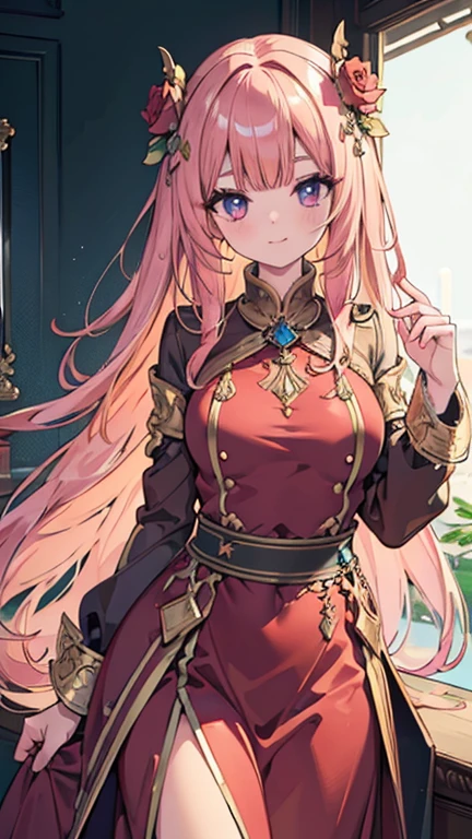 tmasterpiece，Highest high resolution，Beautiful bust of a royal lady，Delicate pink braided hair，Green clear eyes，The hair is covered with beautiful and delicate floral craftsmanship, Crystal jewelry filigree，Ultra-detailed details，upscaled。Soft lighting