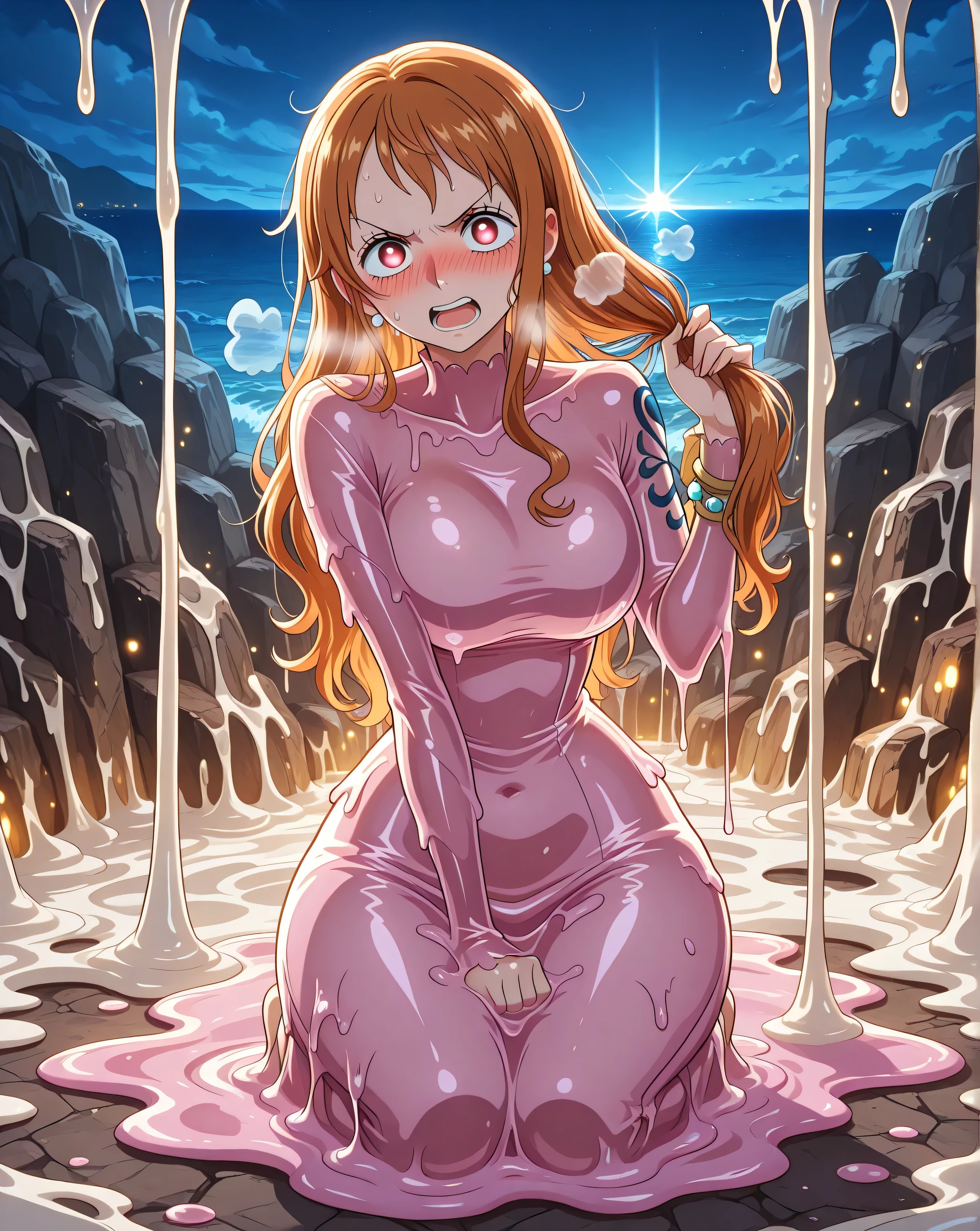(1woman, alone, adult Nami, wide hips, angry eyes, Nami outfit:1.0, pulling her own hair strongly, blushing, heavy breathing, translucent:1.0, melt, melting, fully melted:1.0, transformation, melt into a puddle:1.0, melting hair,), orgasming, shuddering, exaggerated pose, full body, incredible lighting, volumetric light, HDR, incredible ocean in background