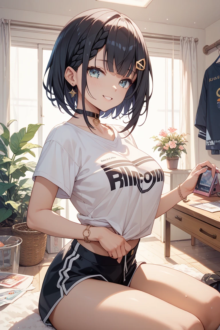 最high quality、Best image quality、masterpiece、girl((18-year-old、 By becoming、Best Bust、Medium Bust,Wide open breast tea、Red glowing eyes,Black Hair、Red Mesh、Disheveled Hair、Lointail、thin,The highest valley、Open chest、Luminous Wristbands、hair ornaments、Show the whole body,Black short sleeve T-shirt、Wear a shoulder bag、Short denim trousers、Leaning forward、smile、Disheveled,Hands on hips、turn around)),high quality、Beautiful art、background((Black Room、Black Wall、Black furniture、Big black TV、Black PC、red paint))、Flight、Flying debris、Written boundary depth、movie、Visual Arts、Perfect art、8K,Genuine,