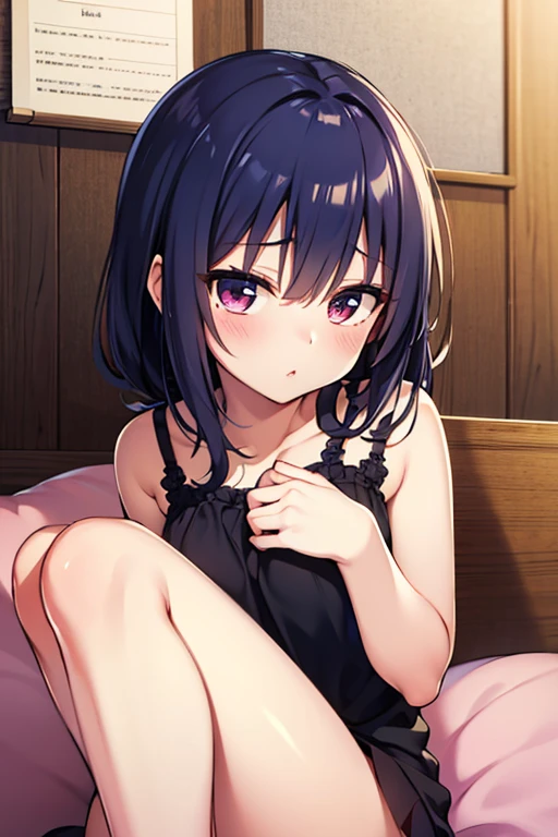 anime girl in a purple bra top sitting on a bed, an anime drawing by Jin Homura, pixiv, shin hanga, seductive anime girl, attractive anime girl, smooth anime cg art, anime best girl, cute anime girl, anime moe artstyle, anime visual of a cute girl, oppai, beautiful alluring anime teen, pretty anime girl, (Raw photography:1.2)、(Photorealsitic:1.4)、(​masterpiece:1.3)、(top-quality:1.4)、超A high resolution、(A detailed eye)、(detailed facial features)、(detailed clothes features)、nffsw、8K分辨率、solofocus、bangss、skin tightening、(shinny skin)、(Slender girl)
(Extreme Detail)、dim room、Ruins、
Virtual Girl - Aim、Medium-breasted wavy hair、Shorthair、A dark-haired、Black eye、
1girl in, 
Crystal Pendant、String Panty Brapua、
Tie with a rope、embarrassed from、cute little、I'm about to cry、hang、Adult Models、raise one leg high、hang、Smaller chest、big butts、