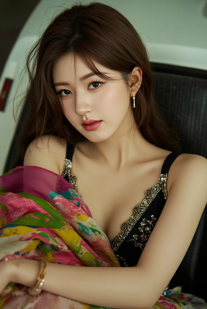 ((realistic:1.5)),((best quality)), ((Masterpiece)),((details)), (1 girl), 22-year-old beautiful girl, facial mix of korean actress Kim Ji-won, and phoebe cates, (half body:1.5), Tightening muscles, big thighs, Narrow hips, green eyes, large breasts, (details face, beautiful brown eyes, clear background:1.5), (dynamic gesture), (Normal skin, long hair, Sketched eyes, specified face, bracelet, half body), Wear elegant night dress, (revealing the chest, revealing large breasts, deep cleavage. Show your sexy face)