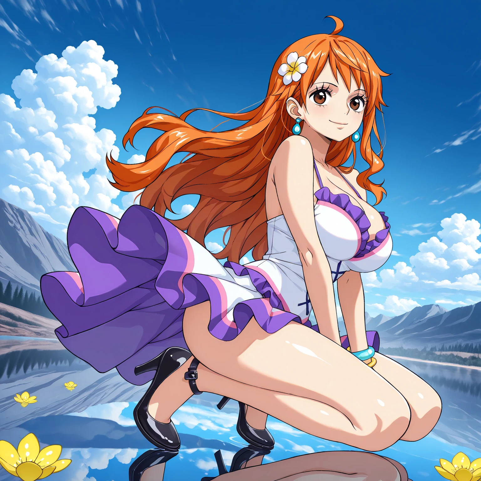 1 moca , nami onepiece de uma peça, tatuagem nami original, hdr, 8k, sensual, vestido vermelho , de costa olhando para os espectadores, segurando os cabelos longos , olhos castanhos, bunda, ass, corpo inteiro, sentada, rosto nami.