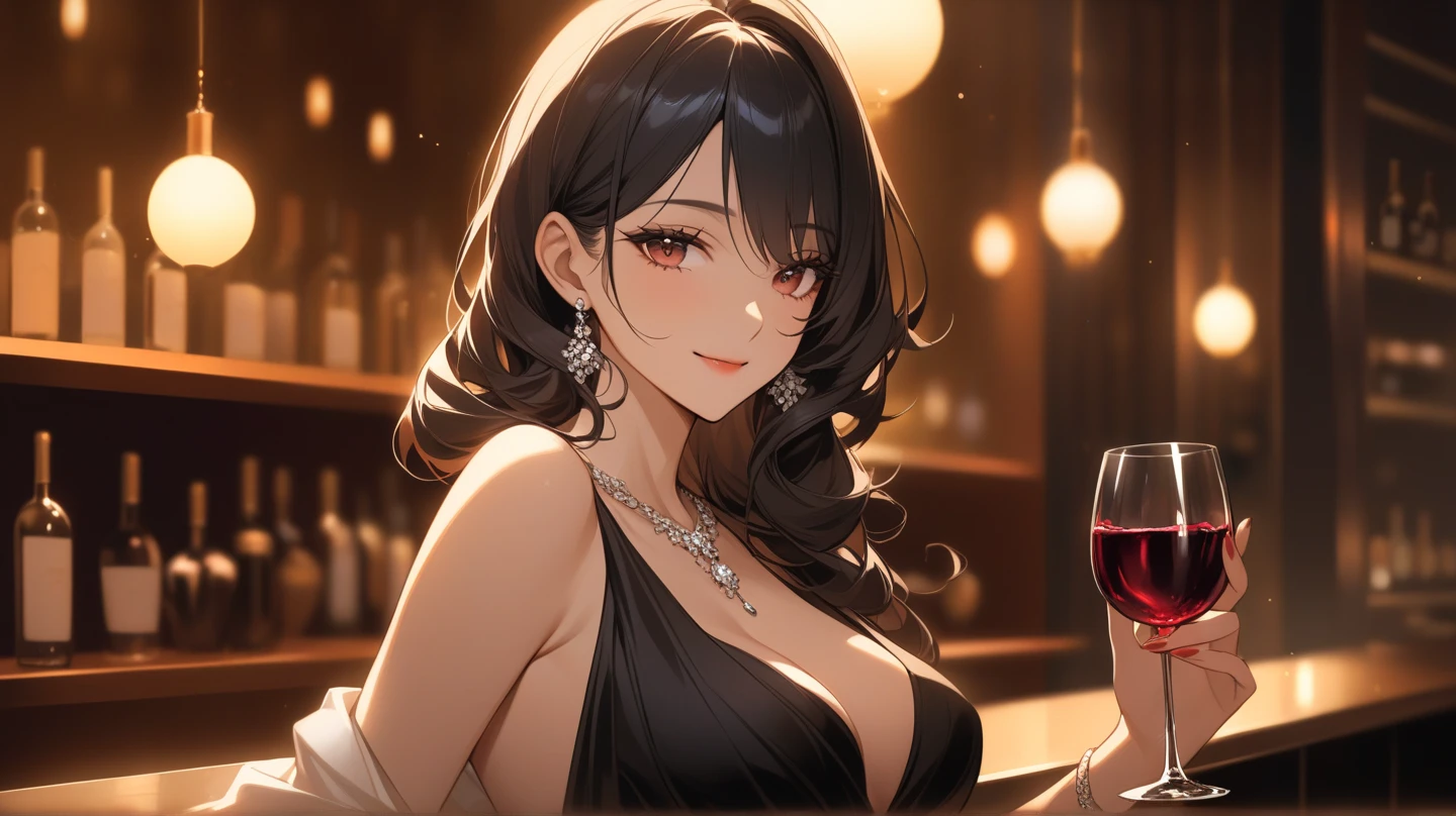 At a bar, dim lighting, focus on a woman. She is tall, beautiful, mature, with long, dark, luscious hair. Brown eyes, black eye liner and red lipstick, very minimal makeup. She is leaning against the bar counter with her arms crossed, looking at POV with a faint smile. The POV is next to her, looking across the bar counter. She has an intimidating face, yet it is absolutely entrancing. She is wearing a black fuzzy jacket and a black low cut dress, subtly revealing her curvy body.