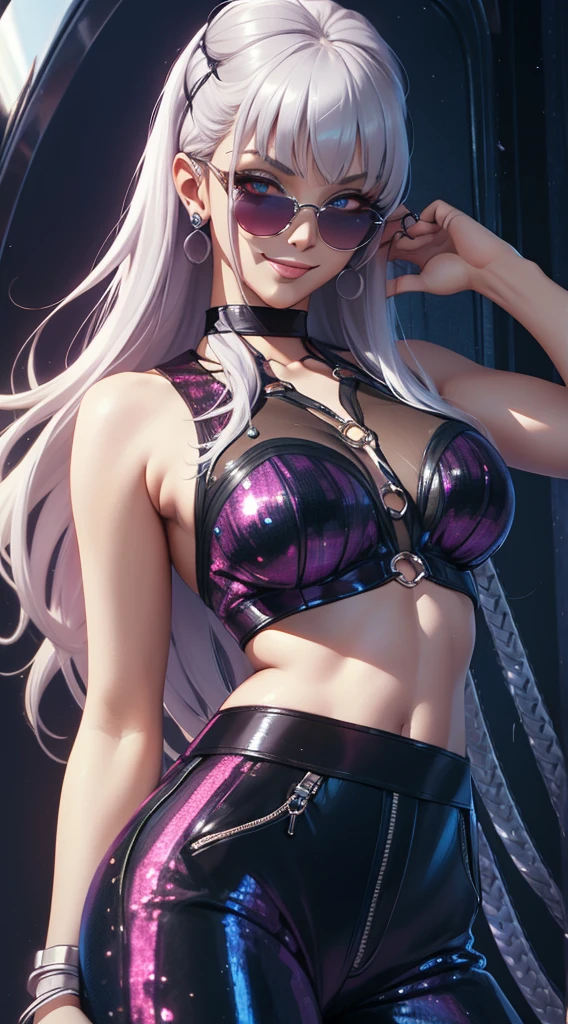 ((best quality, masterpiece)), detailed, realistic, 1woman, cool, fancy sleeveless floral print sexy sequin cropped top, stylish pants, choker, long stylish platinum silver hair, dark shades, smug smile