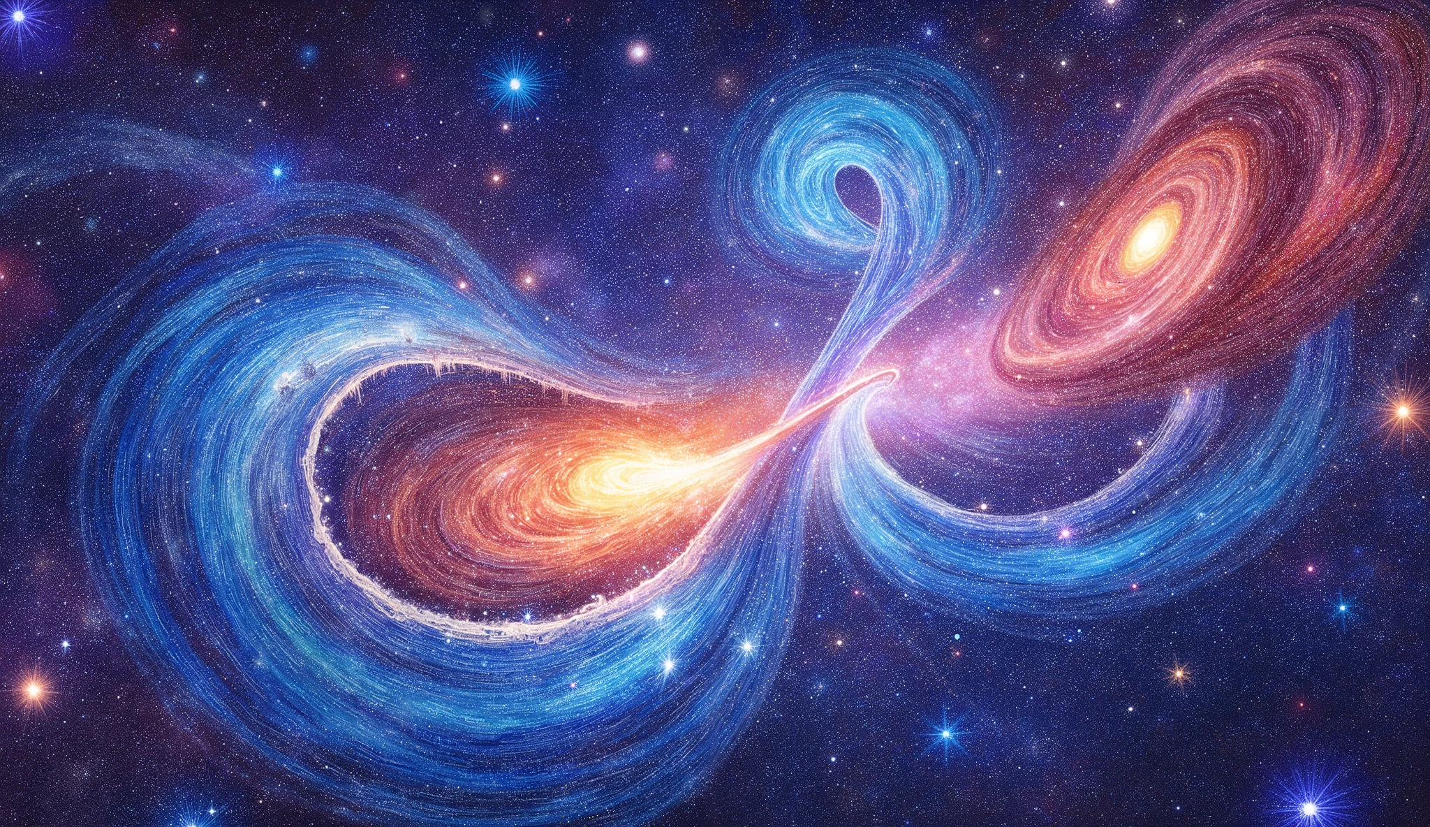 Early universe forming galaxies, swirling clouds of gas turning into spiral arms, blue and white stars glowing inside dusty filaments, wide angle view of the Milky Way forming, star nurseries in vibrant colors, colorful pencil sketch style, bold lines, work of art, best qualityer, 8k, extremely cartoon styling