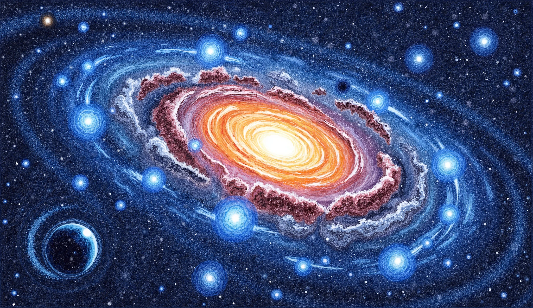 Early universe forming galaxies, swirling clouds of gas turning into spiral arms, blue and white stars glowing inside dusty filaments, wide angle view of the Milky Way forming, star nurseries in vibrant colors, colorful pencil sketch style, bold lines, work of art, best qualityer, 8k, extremely cartoon styling