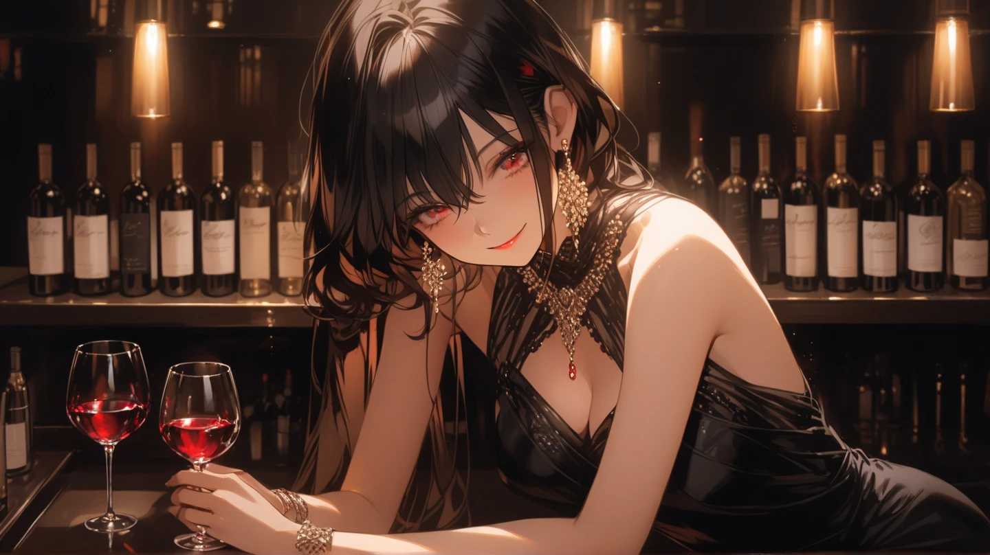 girl sitting на столе, girl in evening dress, girl drinking wine, Girl holding a glass of wine, A glass in hand, girl sitting, Girl in a black dress, view from above, Foreshortening from above, camera from above, bar construction, girl sitting на барной стойке, Black background, plain background, empty background, sparks, backless chair, hanging crystals, a lot of sparkles, Seductive Pose, dynamic pose, big breasts, curvy hips