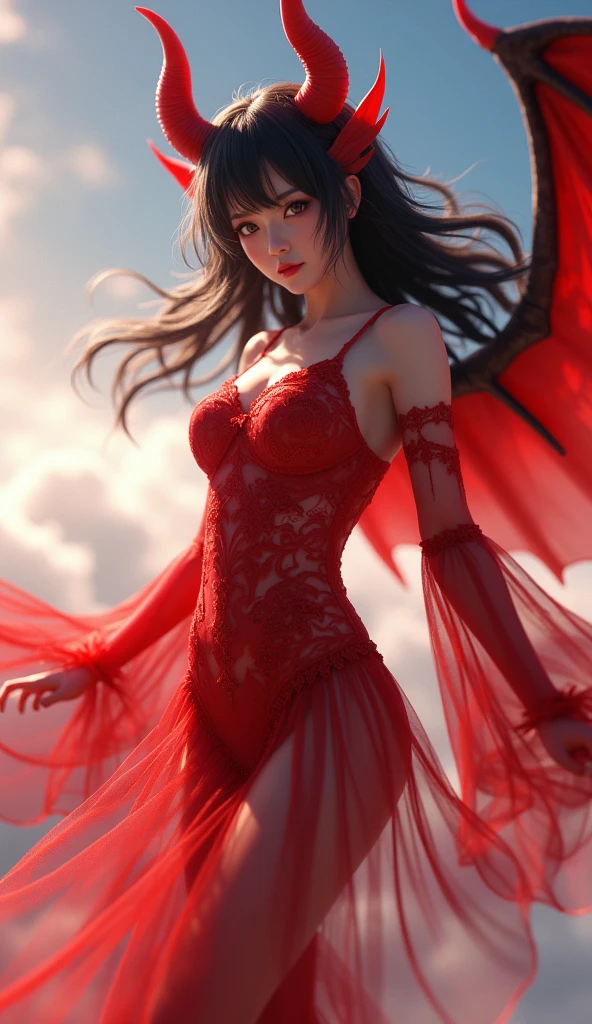 (Best quality,A high resolution),Sexy woman,Sexy lace clothing,Open V-neckline,Bright red peony flowers bloom,Subtly reveal the texture and complexity of the petals,A pair of glowing angel wings, Fire red high heels, cinema shot, A playful twist, centered composition