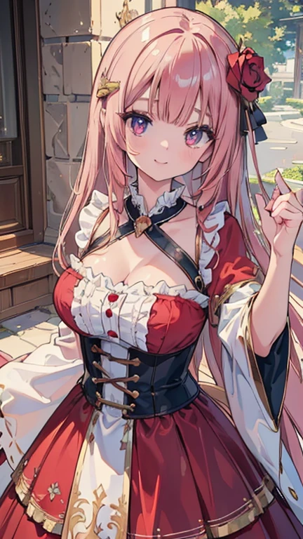 shoujo-style, jk style, (floral background), romance manhwa, (honoka), 1girl, solo, one side up, flower, dress, tiara, white dress, gloves, long sleeves, choker, mascara, makeup, white gloves, black bow, black flower, bow, jewelry, looking at viewer, collarbone, cleavage, huge breast, gigantic breast, puffy sleeves, silver accessories, upper body, bangs, pink dress, frills, closed mouth, detailed eyes