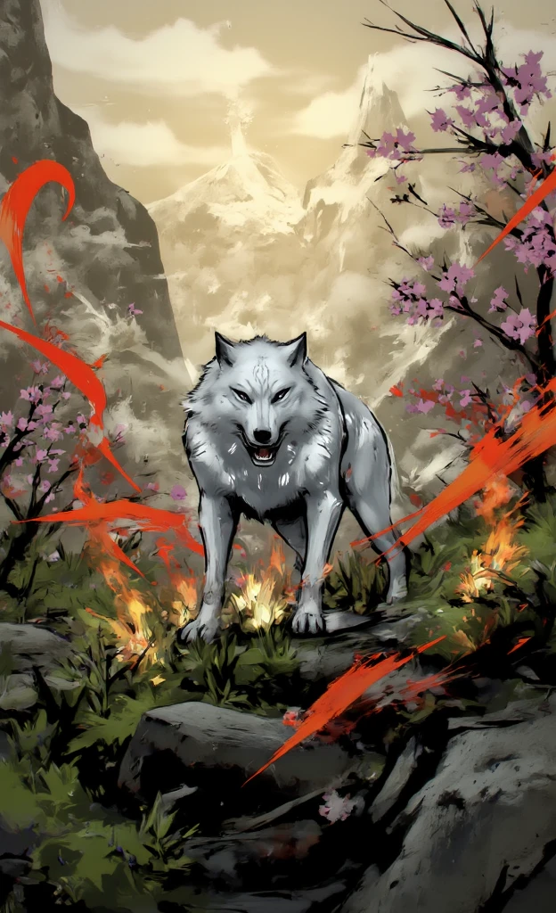 ((best quality)), ((masterpiece)), (detailed), A scene from the videogame Okami, painted by hand, white wolf, beautiful nature, special effects, fierce stance, fire, epic scale, zoom out, cherry blossoms,