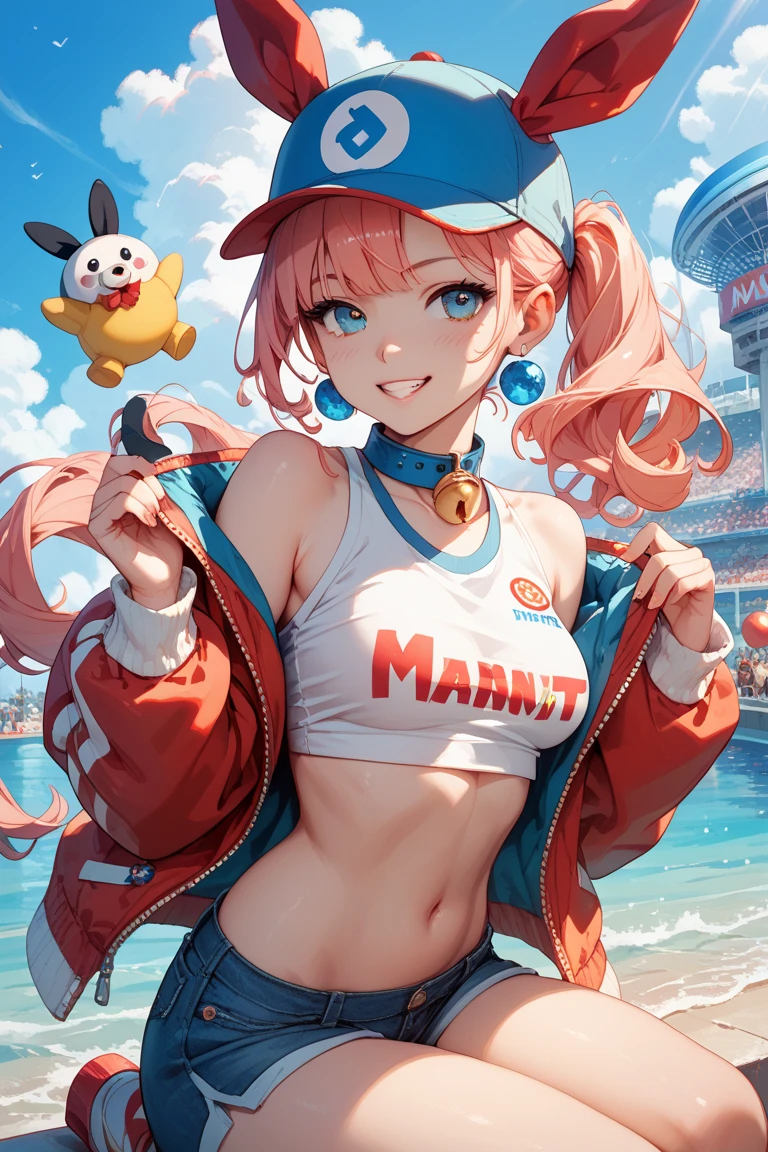 Young pokemon trainer,with short orange hair,tapping on the shoulder,white clothing with a pokeball symbol on the chest,the young woman has medium breasts,she wears a sunglasses and wears a nude lipstick.