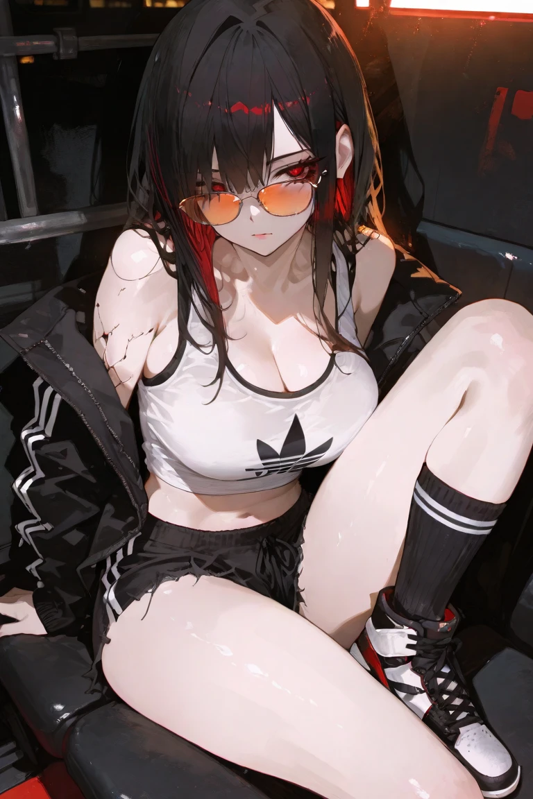 最high quality、Best image quality、masterpiece、teenage girl((18 years old、 by becoming、vest bust、medium bust,Big chest tea、black eyes, black hair、long hair、thin,highest valley、Tattered black t-shirt(2:3)、cute smile,damaged pants(2:3)、perforated gloves、knee support、bubble gum)),high quality、beautiful art、background((cyber gym)),debris flying、writing border depth、、visual art、perfect art、8k,real