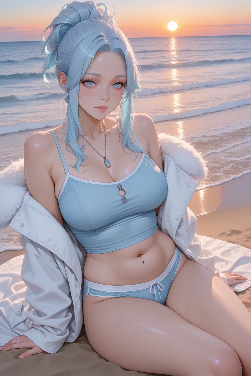 highly detailed , 8k resolution, masterpiece, one girl,(Full figure:1.2), (nine heads and bodies:2.0), (thin hips), (thin and long legs: 2.0), (pumps:1.2), (blue hair:1.5) , Glossy leather, 25 years, cute sexy beautiful face, pink lips, parted lips, ( Hair parted to one side:1.5), High Light, light blue eyes, SEXY FACE, sexy cute young woman, ( tight white top and shorts :1.3), (complex parts: 1.2), Almond eye, (detailed face), Beautiful smile, My cheeks turned red, firm breasts, slim body shape, athletic waist, athletic toned butt, Beautiful hands, athletic shoulders, look at the audience, The woman poses sitting for a photo., modest pose, standing facing forward, Straightens hair, to rest one's head on one's knee, composition, depicting a line from the knees to the head., Sand dunes, planet Araxis, add sci-fi, a girl in a tent, a lantern in a tent, Sand dunes, interesting background details, rocks, night in the desert, futuristic tent, An oasis in the desert, night sky, neon lighting