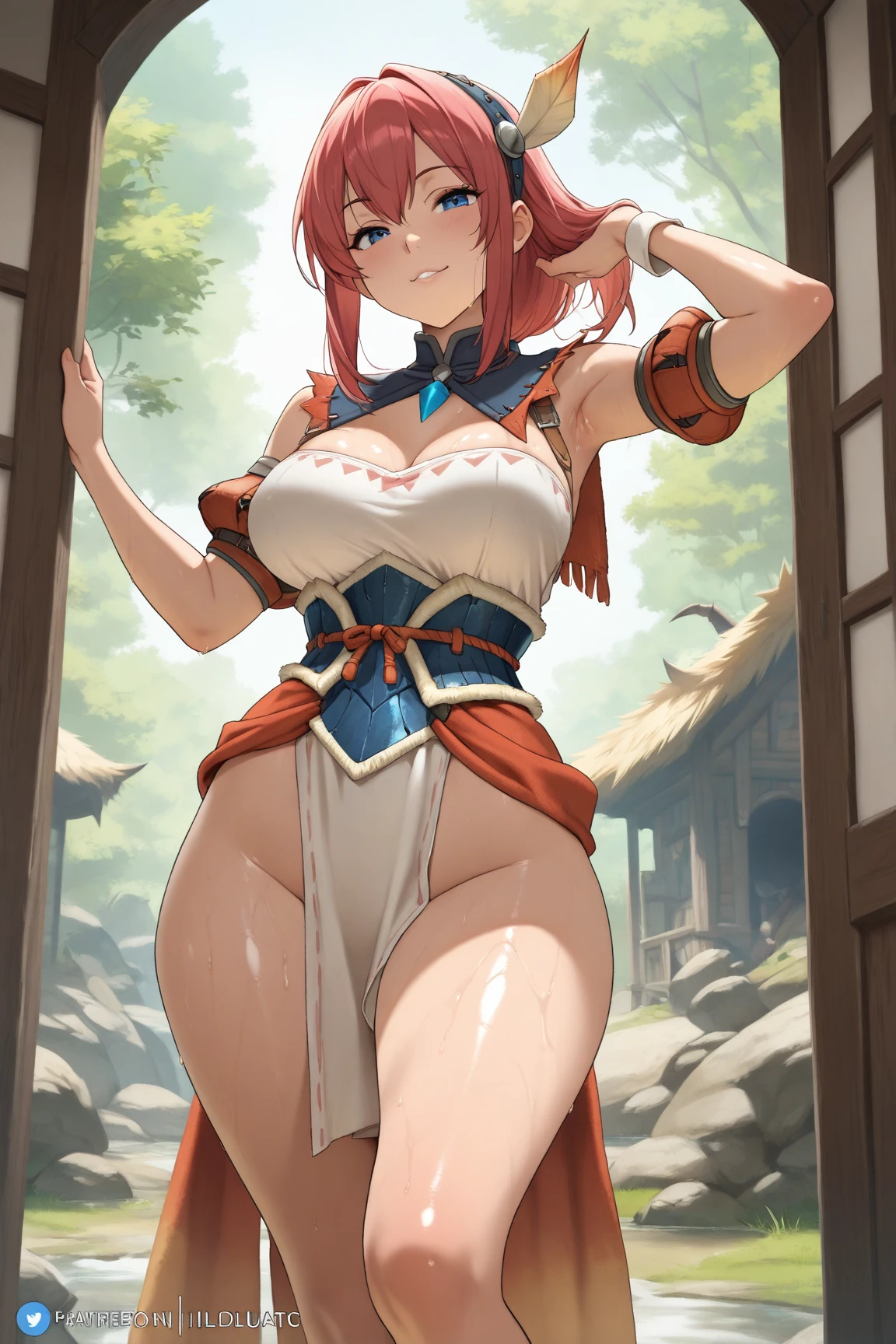 DQ6 Barbara,high ponytail,dress,(huge breasts:1.8),cape, (highest quality, masterpiece, RAW photo,Super detailed:1.2), 1 girl,alone,looking at the viewer,blush,smile,sit with legs apart,Fancy panties,White mushy liquid,underwear is transparent