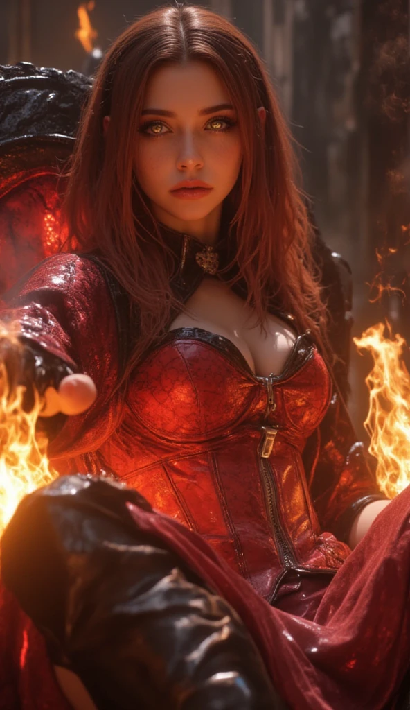 (masterpiece, Highest quality), One girl, Redhead, Fiery Hair, Red eyes, inflammation, inflammationに包まれた手, inflammationの刃, Red Magic Circle, Red Corset, Black knee socks, Side light, Particles of light, Abstract,