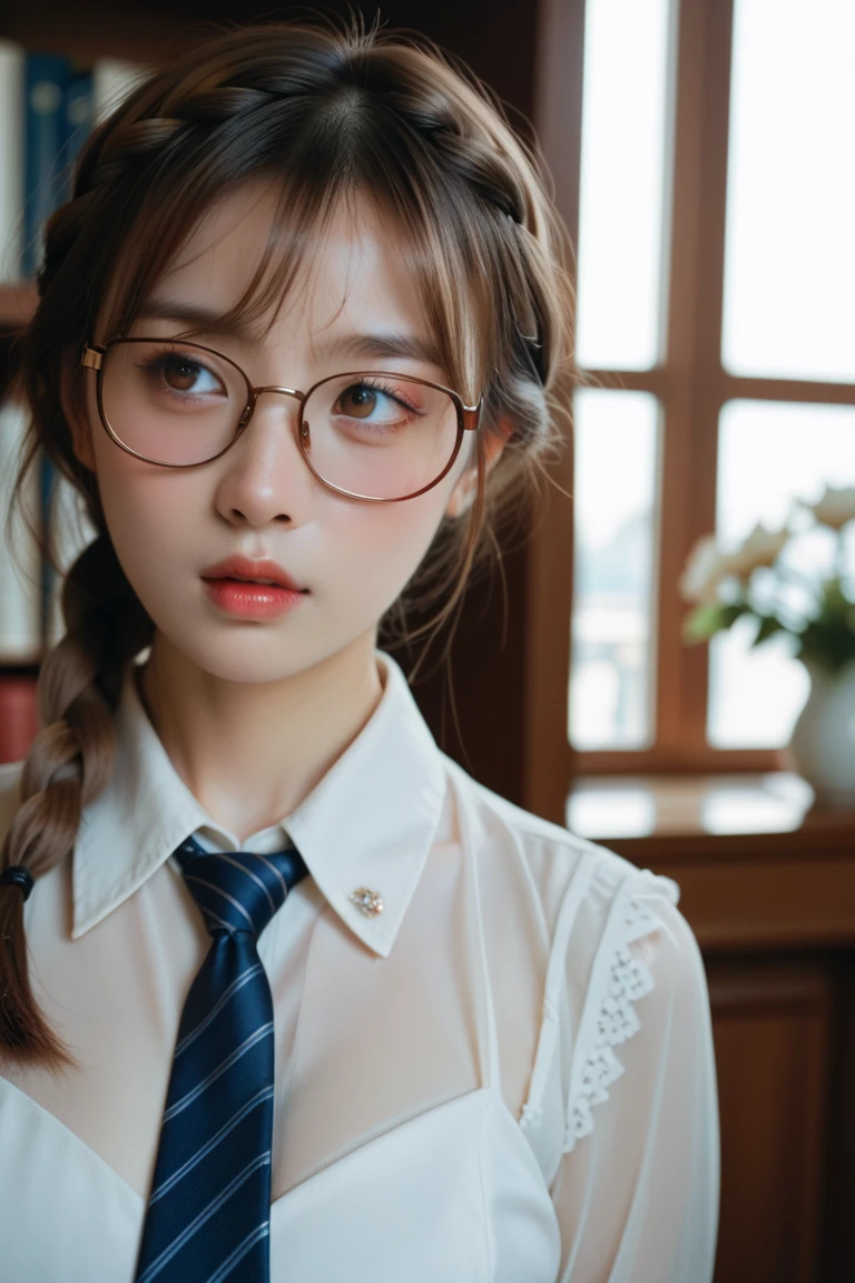 (1 girl:1.3), break, half body shot, Japanese, 17 year old supermodel, Chubby body type, plump, high school girl on the bus, (from side), (highest quality:1.4), 32K resolution, (realistic:1.5) , (Ultra-realistic:1.5), High resolution 32k UHD, (masterpiece:1.2)), (Improvement of quality:1.4), (very beautiful facial details), (Highest quality realistic skin texture:1.4), (perfect anatomy: 1.2), (Are standing:1.37), break, arms up, (((sexy , patterned ribbon tie, no bra, thin pink collared long sleeve shirt:1.15))), red plaid pleated skirt, break, Does not emphasize the bust top, ((on the bus)), precise fingers, Super detailed, symmetrical eyes, view audience,natural makeup, ((A good eye for quality:1.2)), (tired, sleepy and satisfied:0.0), (fine lips :1.33), (fine nose:1.2), ((Physically based rendering of the background:1.37)), curvy:1.2, large breasts ????? nipples), (heavy chest:1.1, plump lower body), brown hair, (layered hair: 1.37), Anxious face, Gentle light hits your face and body, epic and emotional movie lighting,((eye glasses))