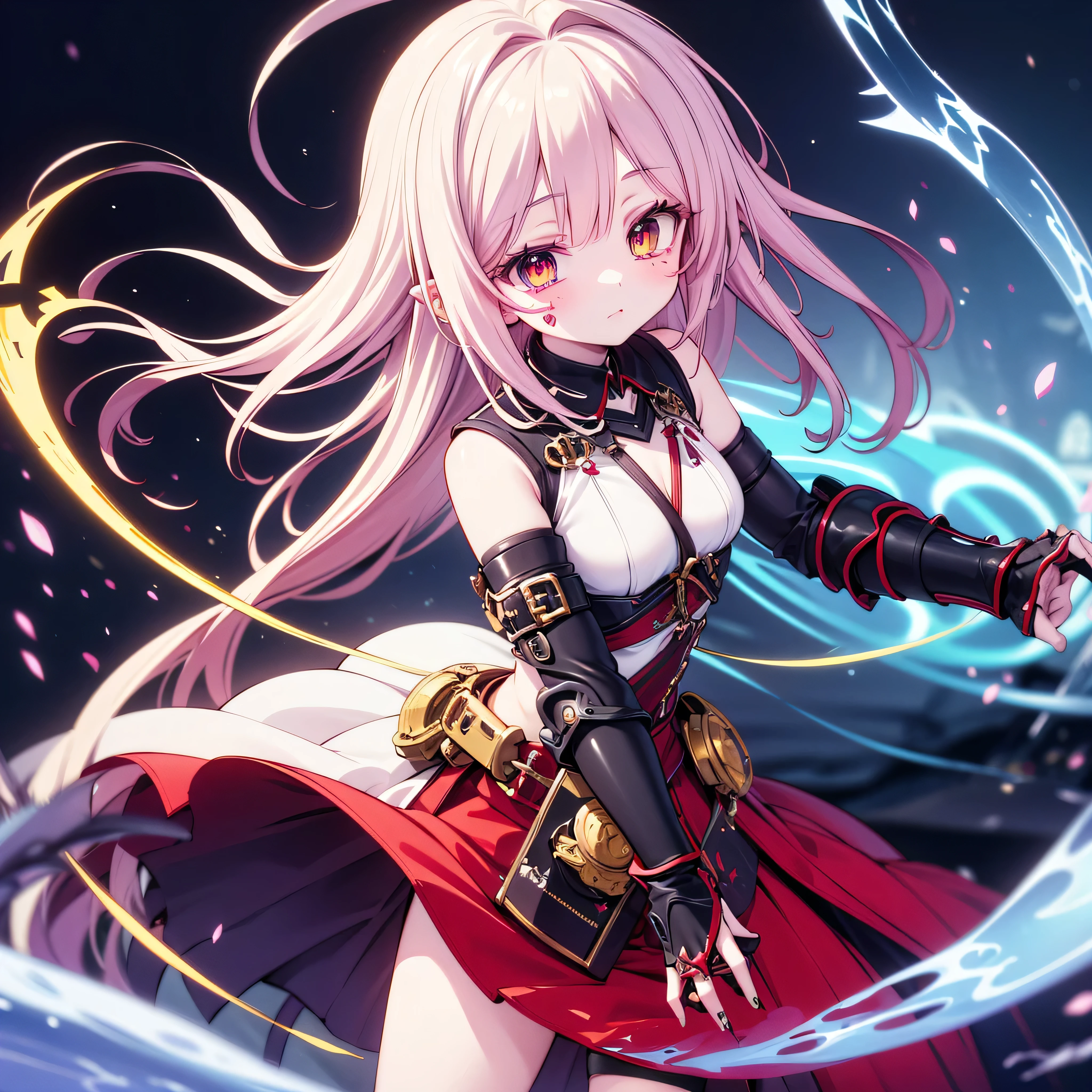 mysterious and savage Flügel girl, alpha hunter style, glowing tribal markings on body, long wild hair (black with red streaks), golden slit pupils with glowing runes in irises, jagged light wings like shattered crystal, sharp clawed gauntlets, shredded battle outfit with magical thread, surrounded by glowing magic runes and blood mist, battle-damaged armor, eyes glowing with madness, fantasy anime style, ultra detailed, masterpiece