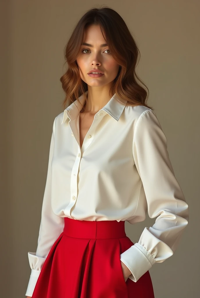 Keira Knightley wearing a white silk blouse and red trousers, she had lush brown hair, brown eyes, her hands on her hips, looking directly at me,