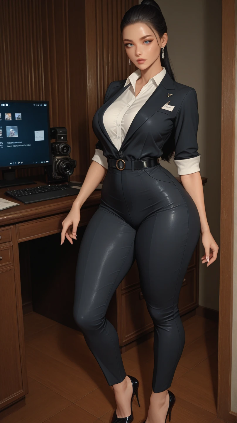 40 year old malay mother with glasses. Wear short satin hijab, wear big v shape elastane leotard. Pearl white color. Wear high heel. Standing inside office. Smiling