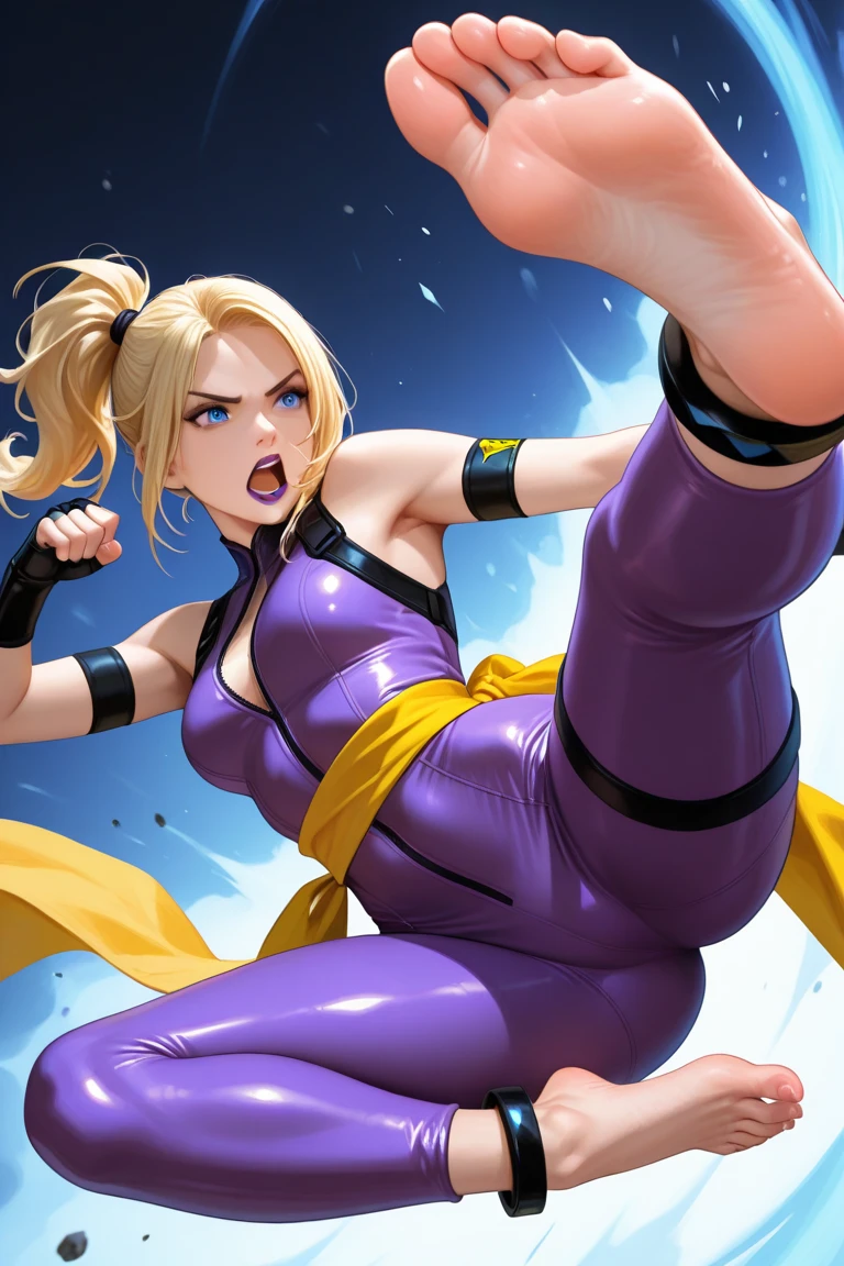 A version of the henchwoman character May from Final Fight 3. She has messy short blonde hair, wears tight purple pants, and has a purple bra top. She is being attacked by Haggar from Final Fight.