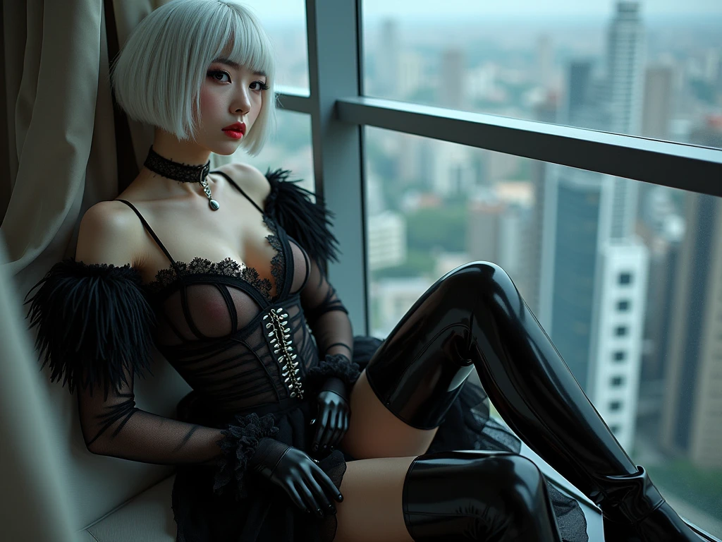 1 girl,Solo,White color hair,short detailed hair,Solo,Pretty big breasts,Pose for photos in orange tights and green stockings, Skinny orange jumpsuit, Wear orange tights, Wear orange latex clothing,full body shot of, tight attire, full bodyesbian! Pretty face。Cinema lenses,Global light,Ambiguous scenes。