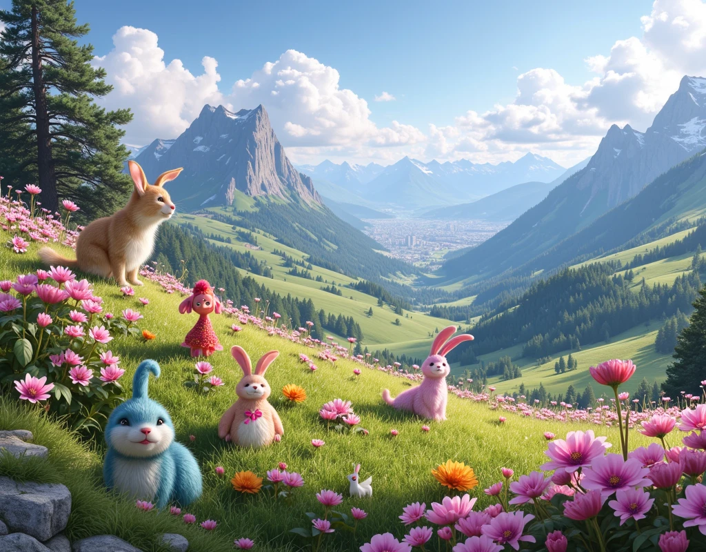  masterpiece, highest quality, high resolution, 4k,8k,(realistic, photo realistic: 1.5)),Picture book style,Pastel Drawing Tiles,Flower fields in the Swiss highlands 、 Best Picture 、 A plateau with a fresh breeze 、 Magical Creatures and Mysterious Colorful Flowers Hidden in the Prairie 、 8k(  High Quality Seven Colored Flowers  ) A plateau full of fantasy、 images of exhilarating plateau scenery。You can see the cityscape below the plateau。