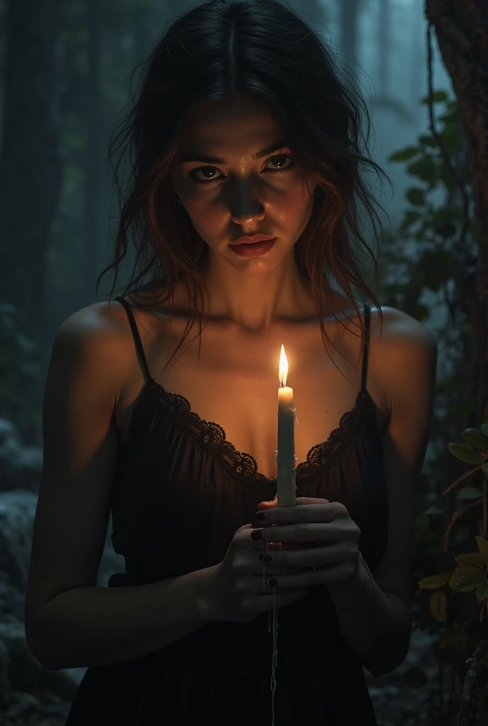 a burning candle surrounded by shadows in an ancient dark temple, a meditating woman with her eyes closed, complex cinematography, dynamic lighting, sharp focus, thigh-shot