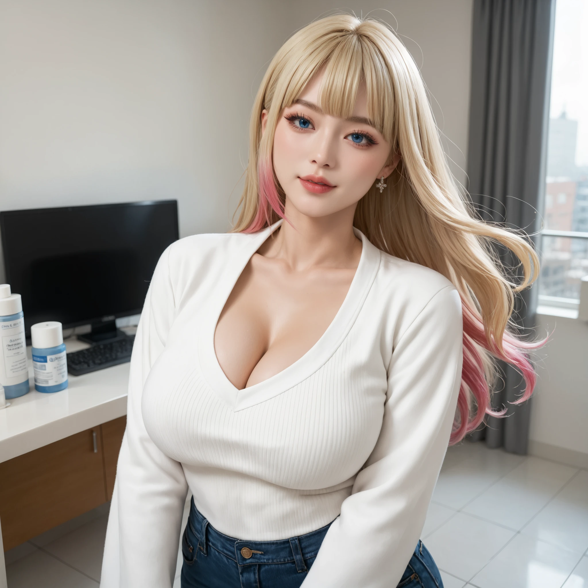 1girl, (Blue Eyes), (smiling :1.2), (Sana Minatozaki), (beautiful makeup :1.2), wide hips, Big tits, big ass, toned legs, shiny body, (Best Quality, 8k, Masterpiece: 1.3), Clear Focus: 1.2, Perfect Body Beauty: 1.4, strong abs, Highly detailed face and skin texture, detailed eyes, double eyelids, (blond long straight hair :1.2), (cleavage pink formal blouse :1.3), (black formal pants :1.2), standing, dynamic pose, (in a office)